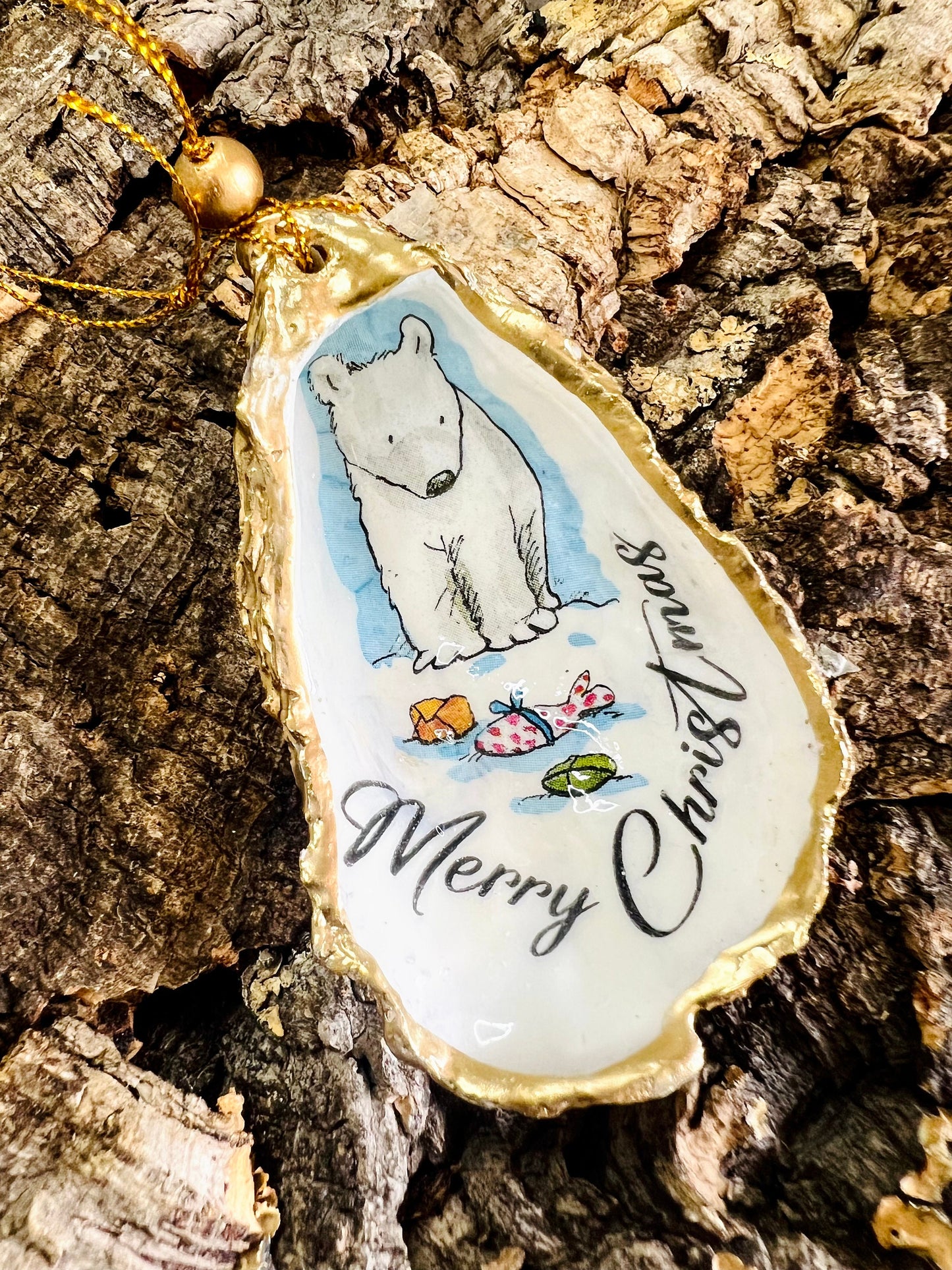 Gifts for her, Gift for him, Christmas hanging ornament, Christmas Tree Festive decoration, Festive decor,  oyster Ornament, Anniversary gift , Christmas Gift Ideas, Handmade Christmas decoration, decoupaged oyster shell,  Uk Coastal shell decor,