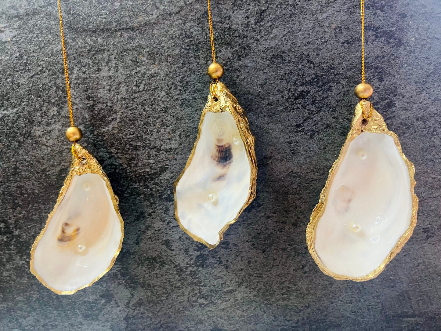 Gilded Gold Leaf UK Oyster Shell Hanging Ornament with Pearls, Dorset Shell Ornament, Handmade Coastal decoration