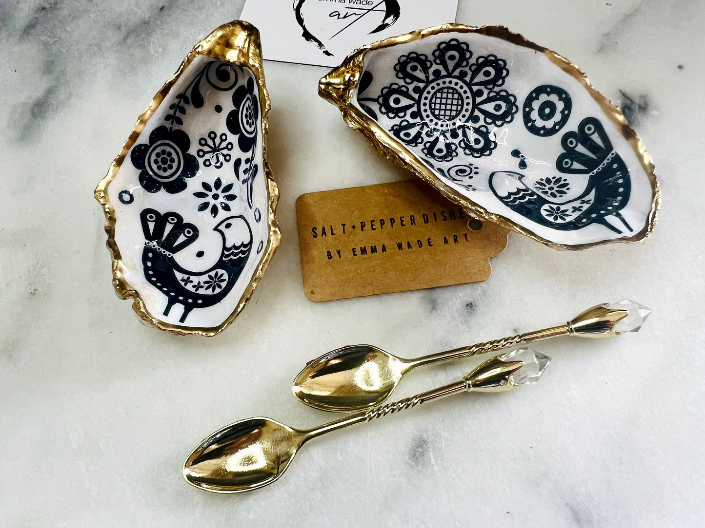 Marimekko Oyster Shell Salt & Pepper Pinch Pots: Gold Leaf Accent, Crystal Spoons