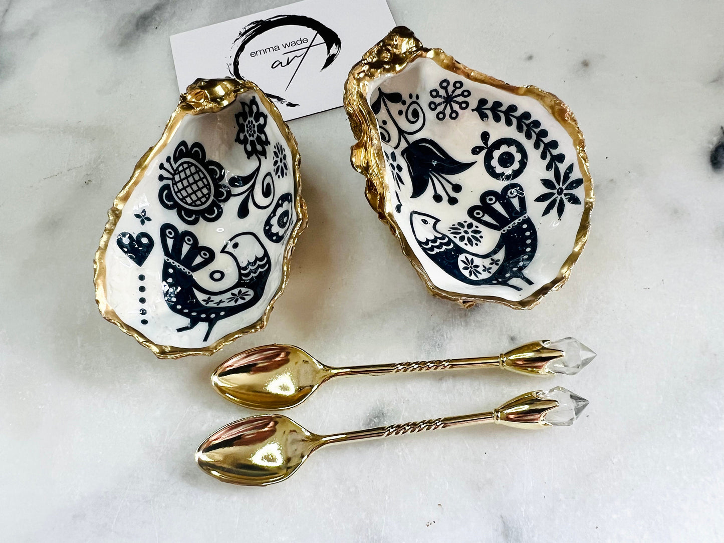 Marimekko Oyster Shell Salt & Pepper Pinch Pots: Gold Leaf Accent, Crystal Spoons