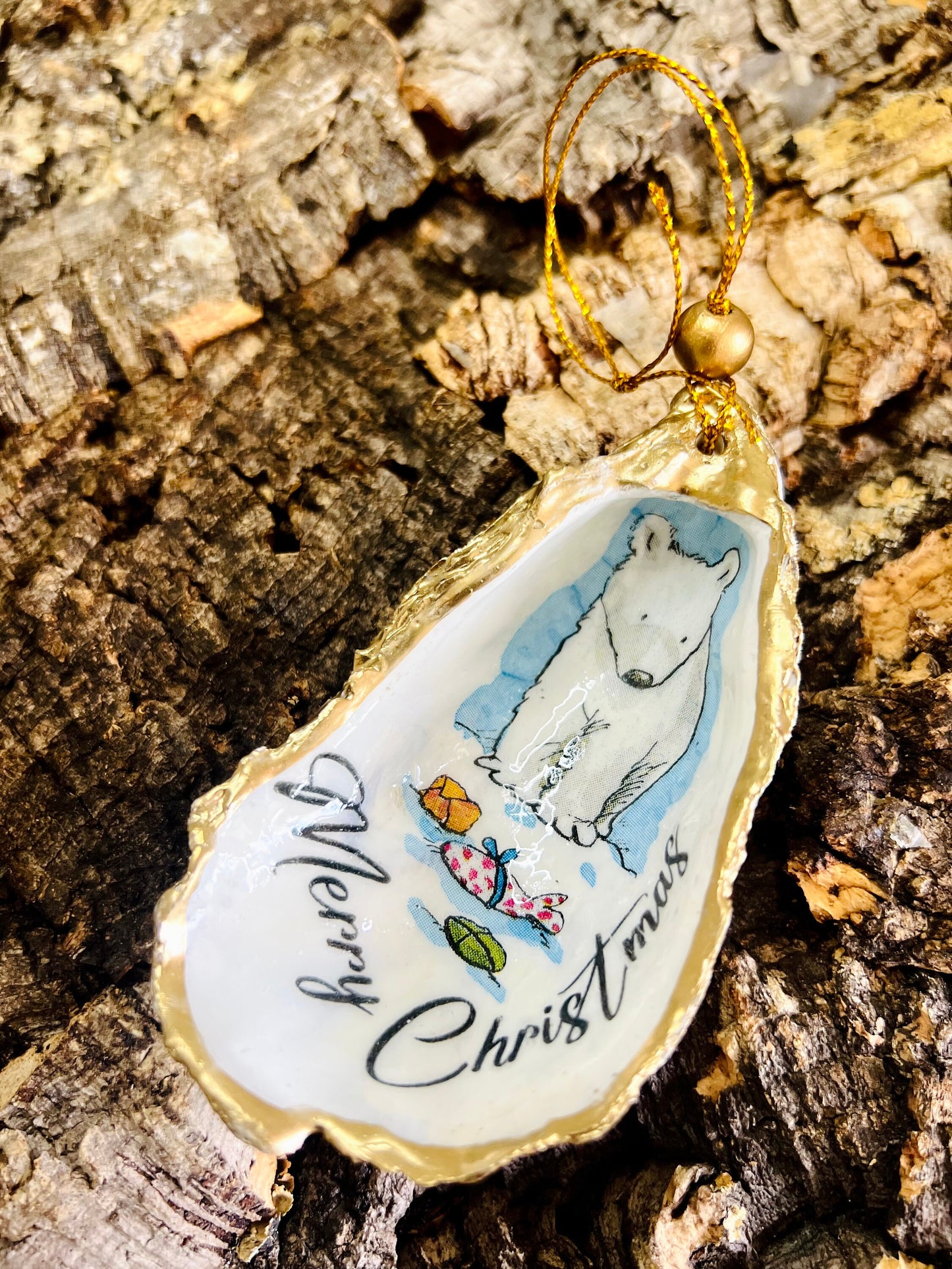 Gifts for her, Gift for him, Christmas hanging ornament, Christmas Tree Festive decoration, Festive decor,  oyster Ornament, Anniversary gift , Christmas Gift Ideas, Handmade Christmas decoration, decoupaged oyster shell,  Uk Coastal shell decor,