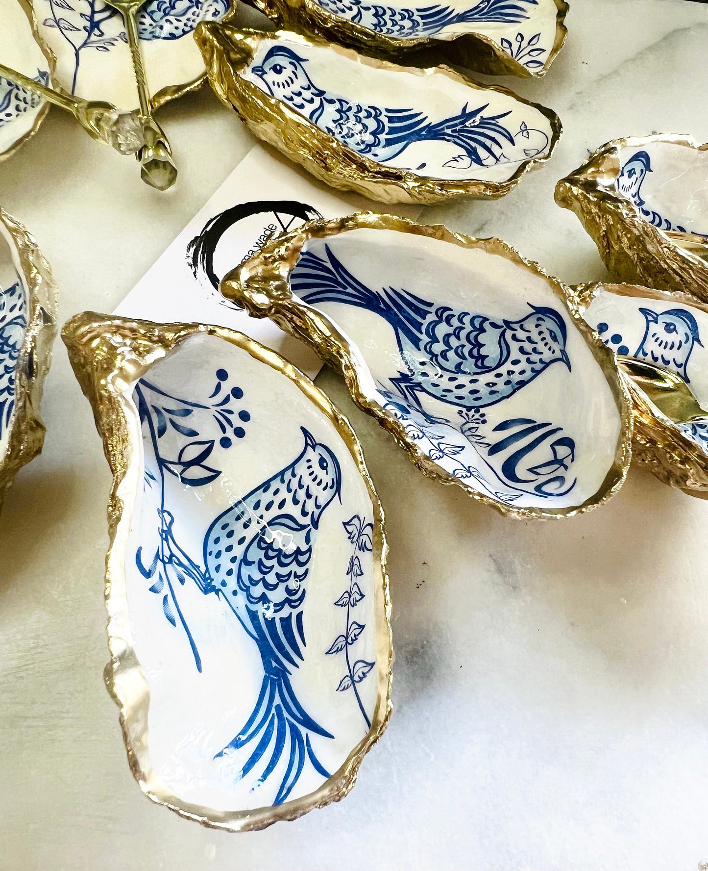 Blue Porcelain Bird Oyster Shell Trinket Dish: Gold Leaf Coastal Jewellery Holder, Handmade Dorset Shell Gift, Bird Lover Gift
