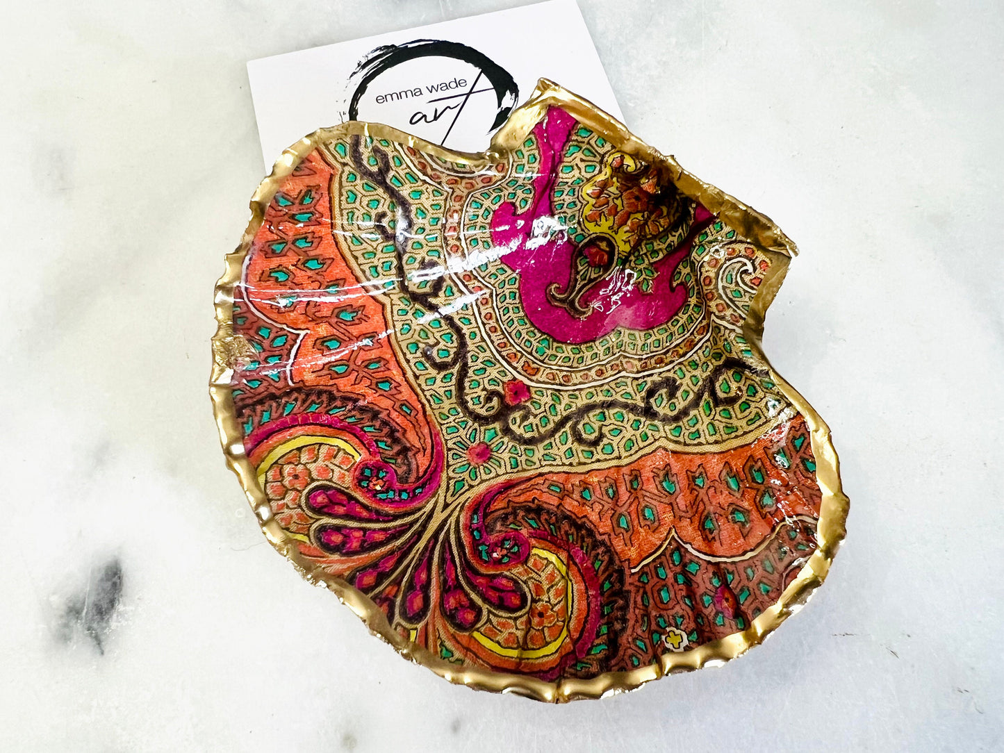 Jaipur Indian Spice Scallop Shell Dish, Gold Leaf Trinket Dish, Paisley Jewellery Holder, Dorset Coastal Decor
