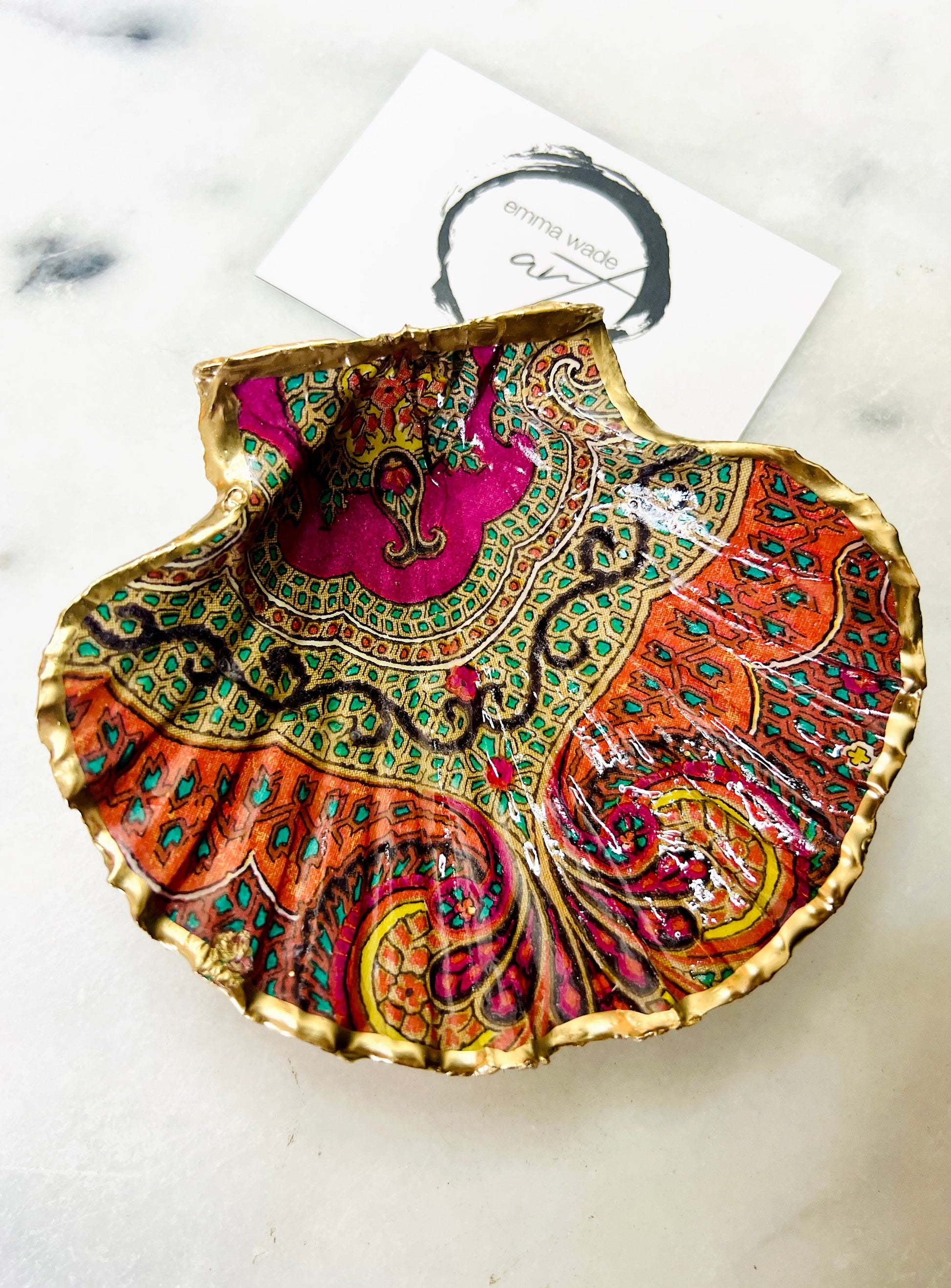Jaipur Indian Spice Scallop Shell Dish, Gold Leaf Trinket Dish, Paisley Jewellery Holder, Dorset Coastal Decor