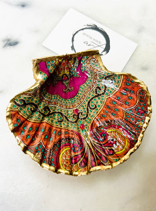 Jaipur Indian Spice Scallop Shell Dish, Gold Leaf Trinket Dish, Paisley Jewellery Holder, Dorset Coastal Decor