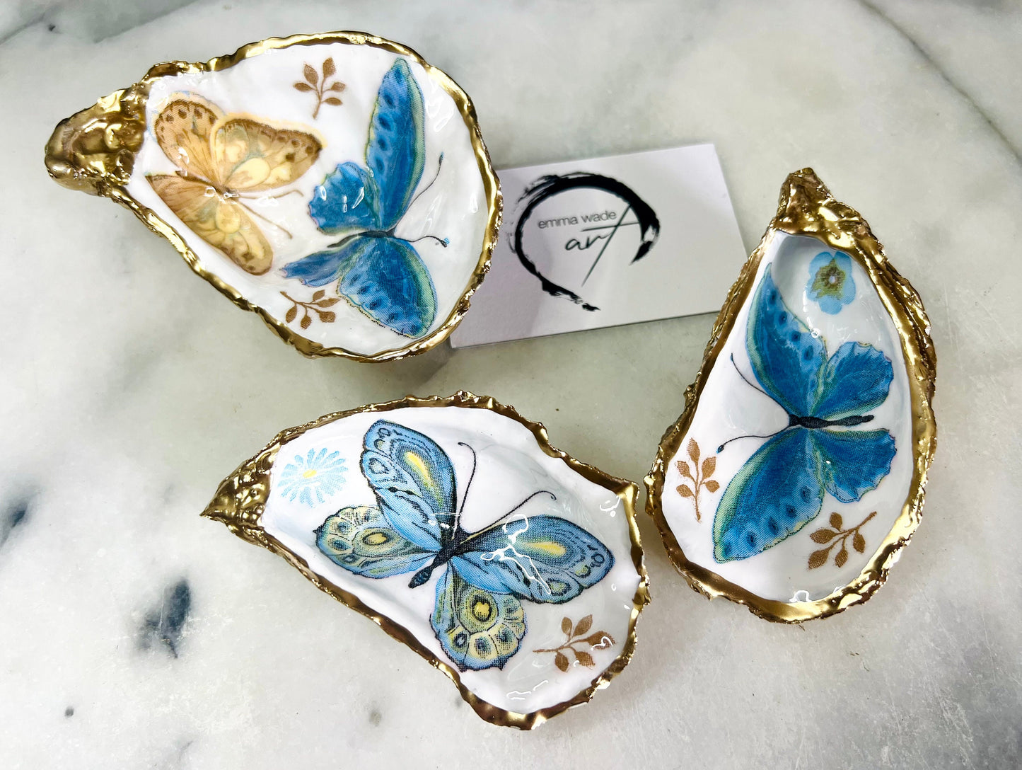 Blue Yellow Green Butterfly Oyster Shell Trinket Dish, Gilded Gold Leaf Dorset Shell, Coastal Jewellery Dish, Handmade Ring Holder Gift