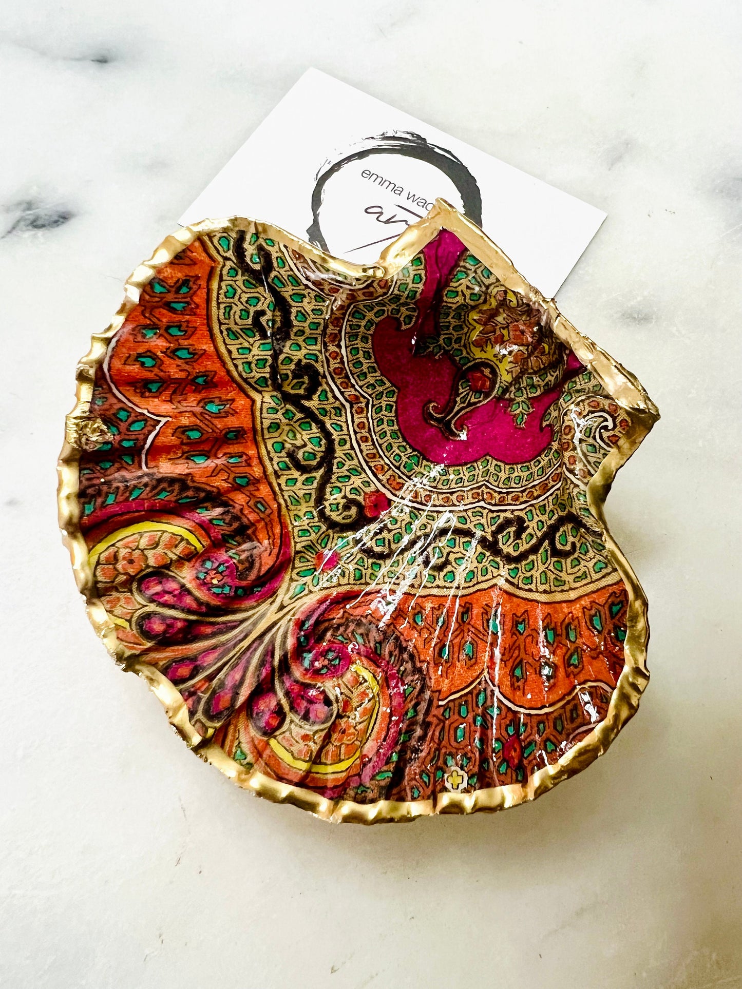 Jaipur Indian Spice Scallop Shell Dish, Gold Leaf Trinket Dish, Paisley Jewellery Holder, Dorset Coastal Decor
