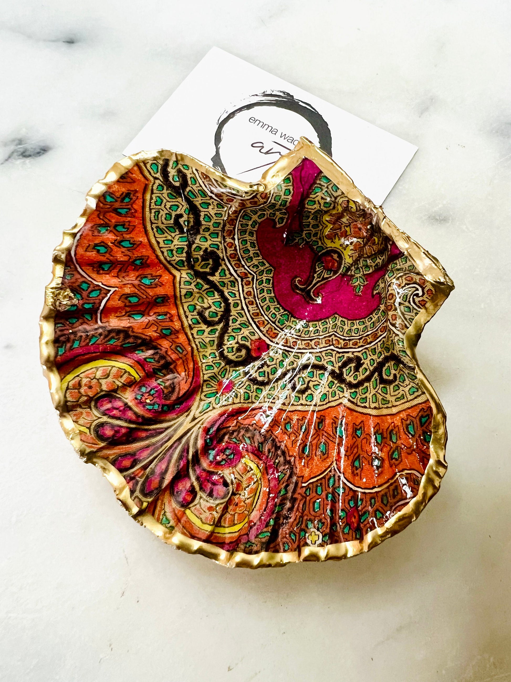 Jaipur Indian Spice Scallop Shell Dish, Gold Leaf Trinket Dish, Paisley Jewellery Holder, Dorset Coastal Decor