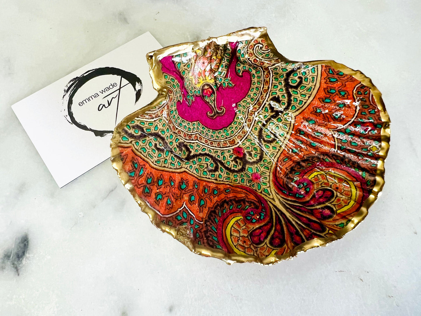Jaipur Indian Spice Scallop Shell Dish, Gold Leaf Trinket Dish, Paisley Jewellery Holder, Dorset Coastal Decor