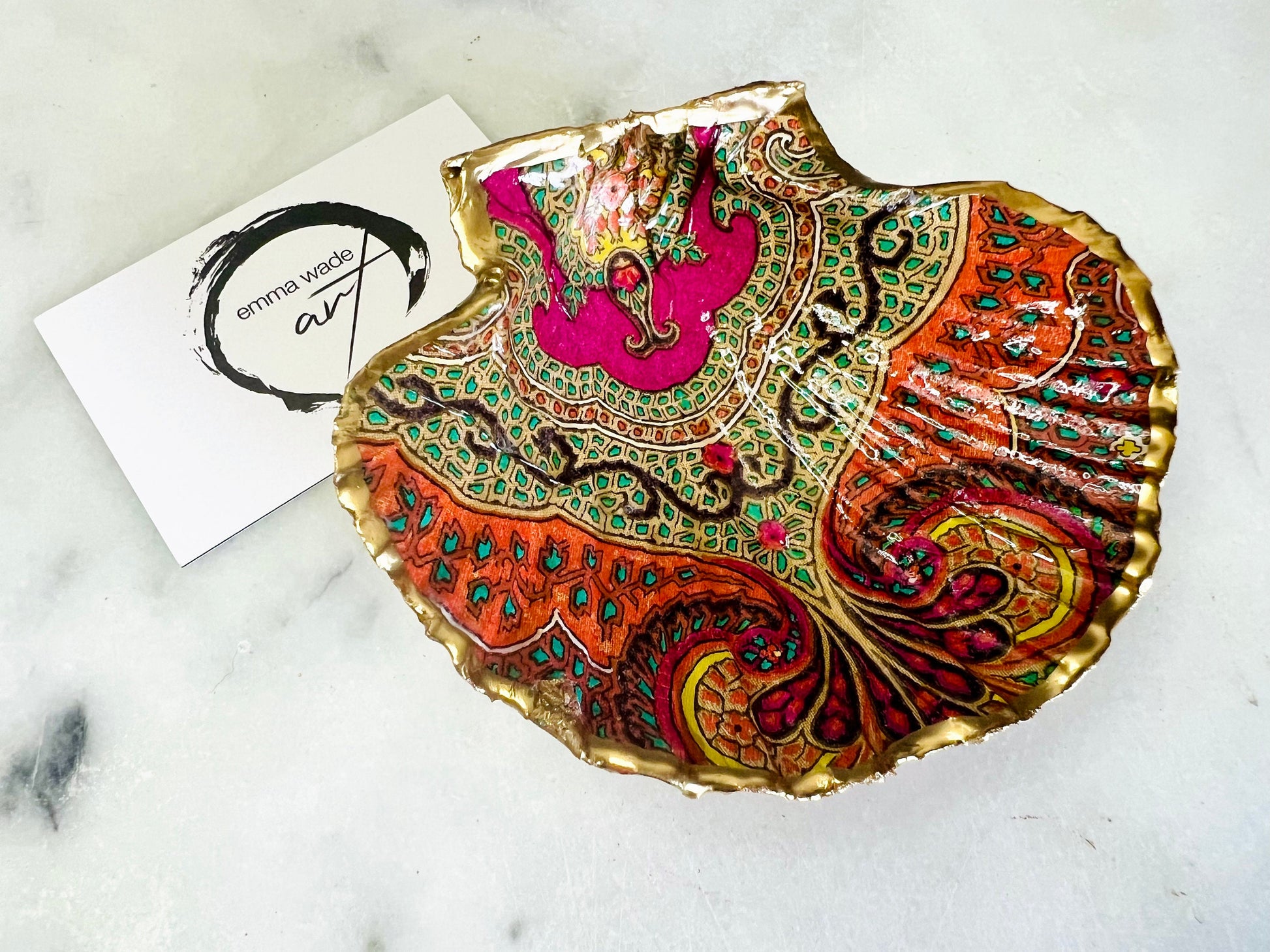 Jaipur Indian Spice Scallop Shell Dish, Gold Leaf Trinket Dish, Paisley Jewellery Holder, Dorset Coastal Decor