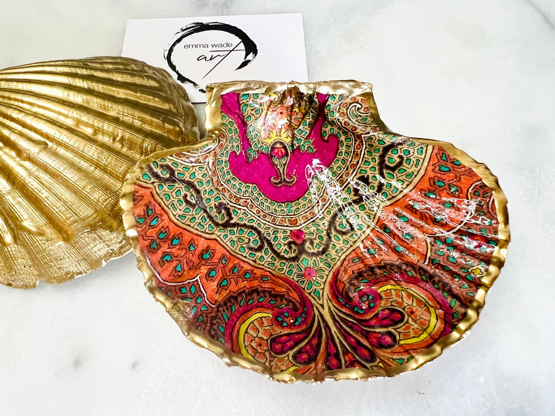 Jaipur Indian Spice Scallop Shell Dish, Gold Leaf Trinket Dish, Paisley Jewellery Holder, Dorset Coastal Decor