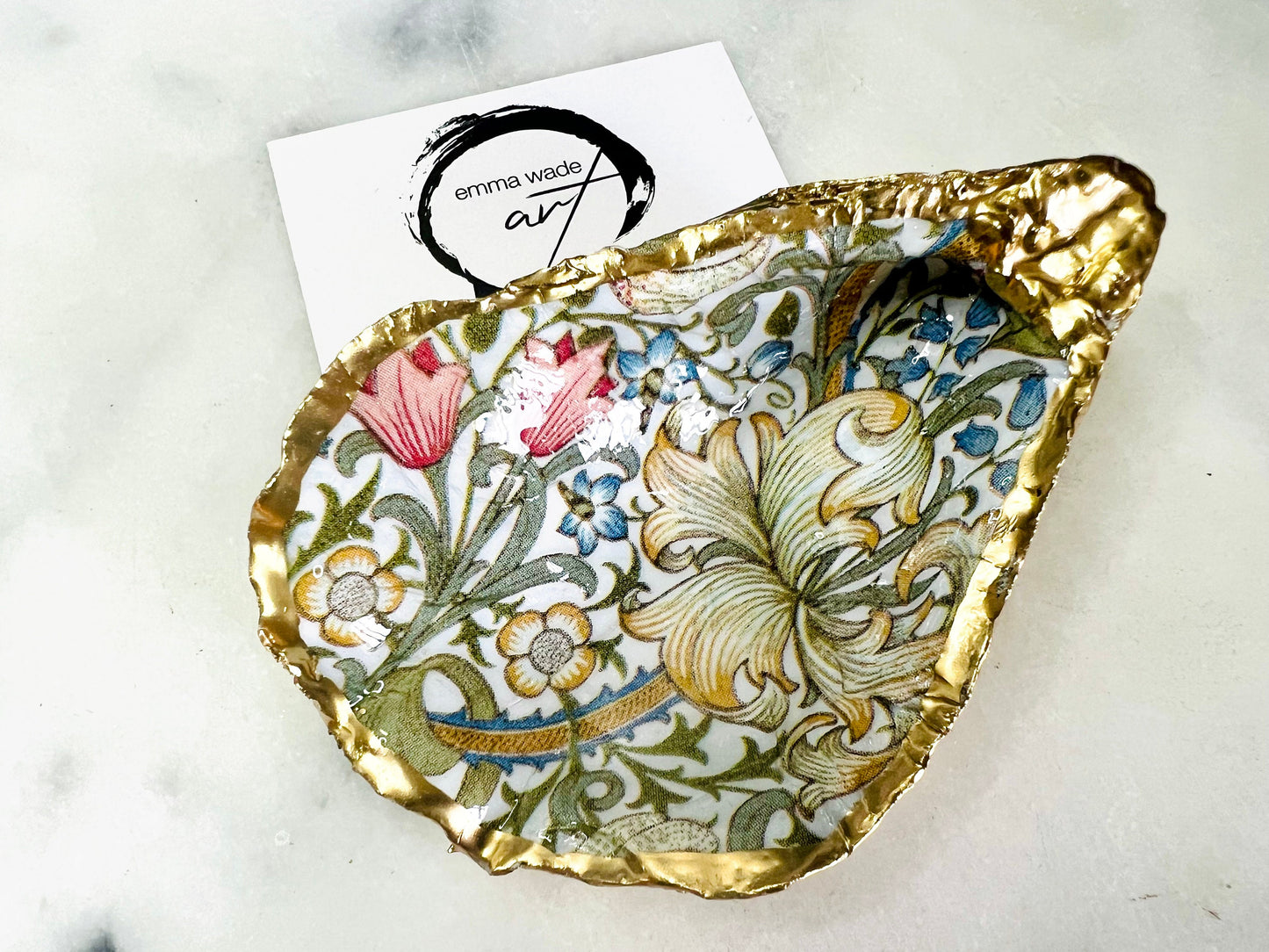 William Morris Golden Lily Oyster Shell Dish | Hand Gilded Trinket Tray | Coastal Jewellery Holder | UK heritage gift