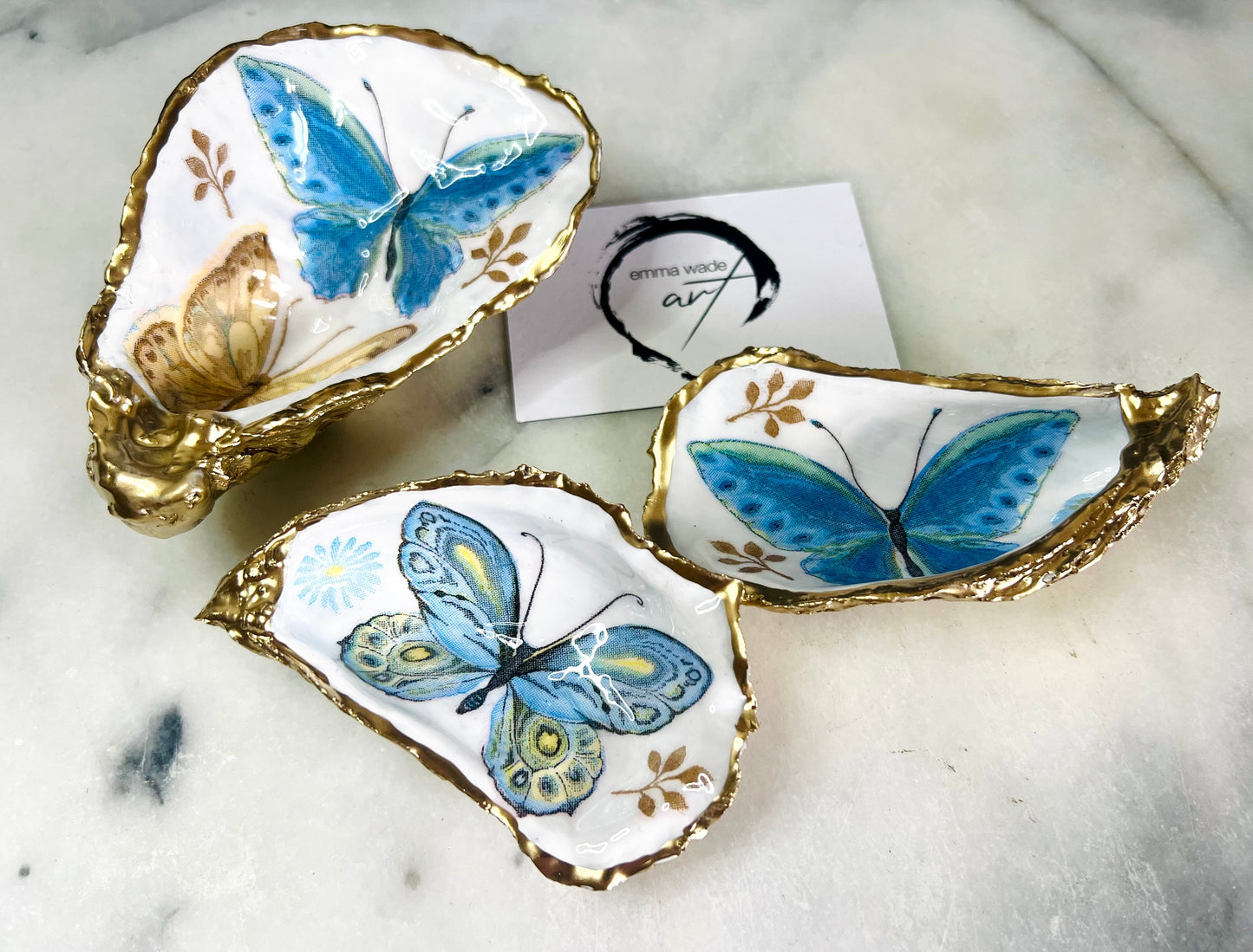 Blue Yellow Green Butterfly Oyster Shell Trinket Dish, Gilded Gold Leaf Dorset Shell, Coastal Jewellery Dish, Handmade Ring Holder Gift
