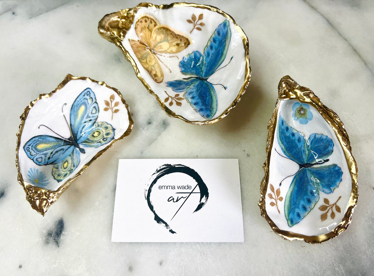 Blue Yellow Green Butterfly Oyster Shell Trinket Dish, Gilded Gold Leaf Dorset Shell, Coastal Jewellery Dish, Handmade Ring Holder Gift