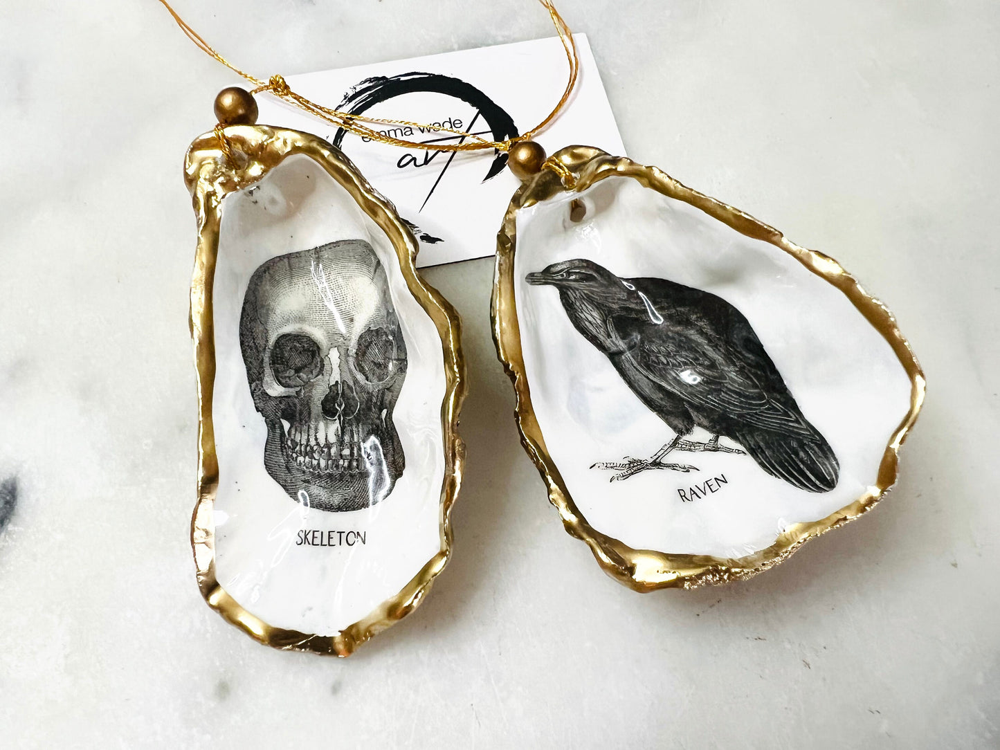 Gothic Halloween Hanging Natural Oyster Shell Ornaments: Gold gilded oyster shells, sealed with resin, 3 designs available