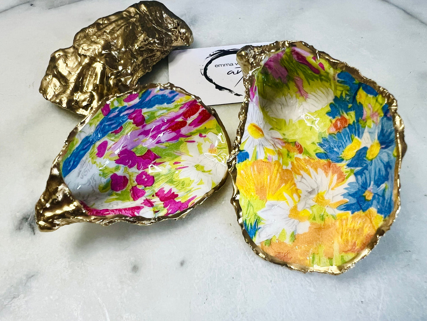 Colourful Floral Oyster Ring Dish | Gold Leaf Jewellery Trinket Dish | Coastal Shell Ring Holder | 2 designs available
