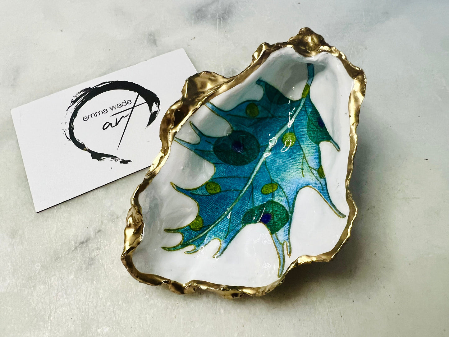 jewelled leaves oyster shell dish, Dorset oyster shell jewellery holder, gold leaf gilded oyster shell trinket dish, handmade coastal oyster shell decor, eco friendly oyster shell art UK, oyster shell bathroom tray, oyster shell salt and pepper pinch pot, leaf design oyster shell ornament, red leaf oyster shell, yellow leaf oyster shell, multiple designs available oyster shell dish, unique oyster shell keepsake, sustainable oyster shell jewellery tray, handmade Dorset shell gift