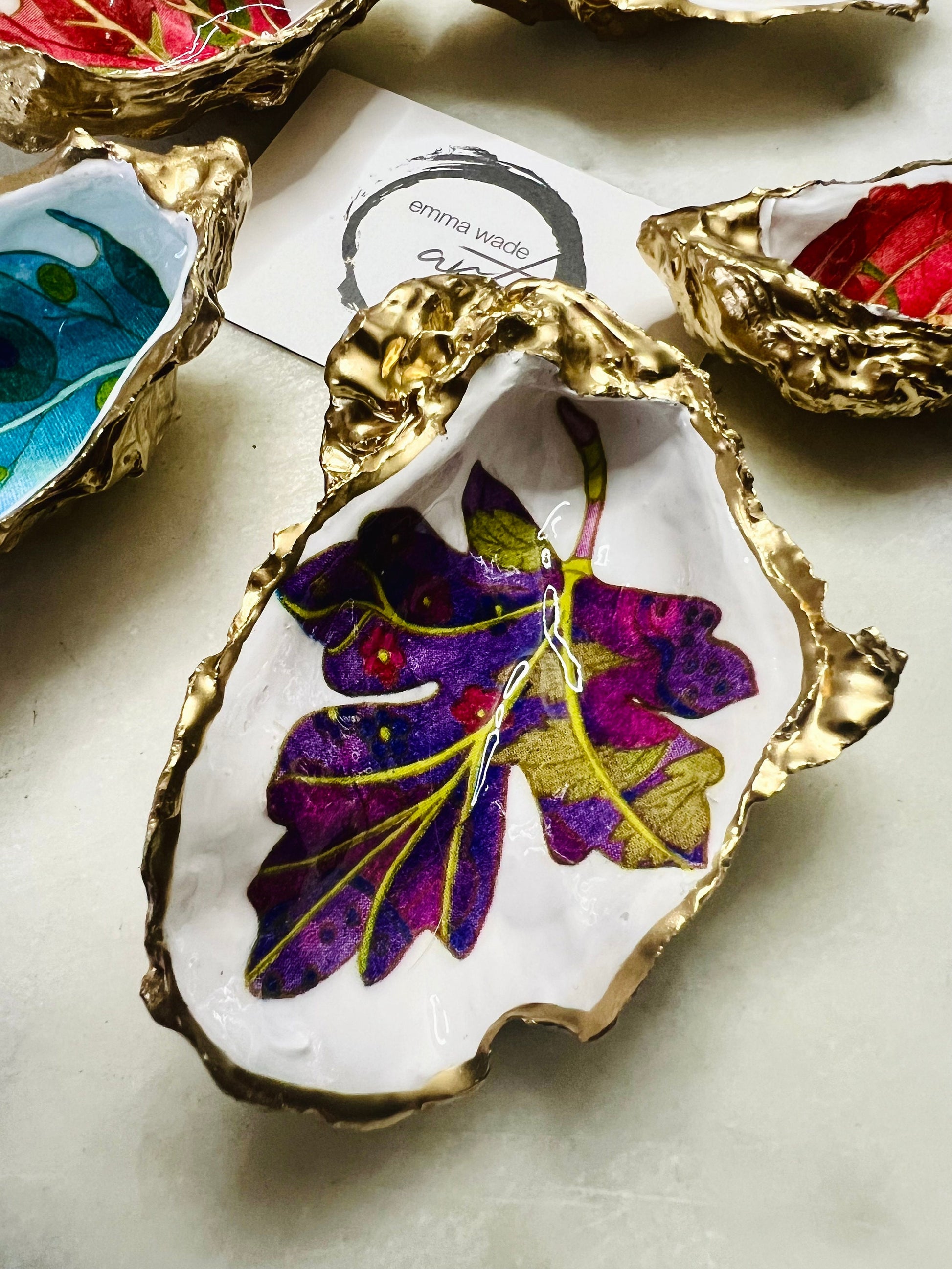 jewelled leaves oyster shell dish, Dorset oyster shell jewellery holder, gold leaf gilded oyster shell trinket dish, handmade coastal oyster shell decor, eco friendly oyster shell art UK, oyster shell bathroom tray, oyster shell salt and pepper pinch pot, leaf design oyster shell ornament, red leaf oyster shell, yellow leaf oyster shell, multiple designs available oyster shell dish, unique oyster shell keepsake, sustainable oyster shell jewellery tray, handmade Dorset shell gift