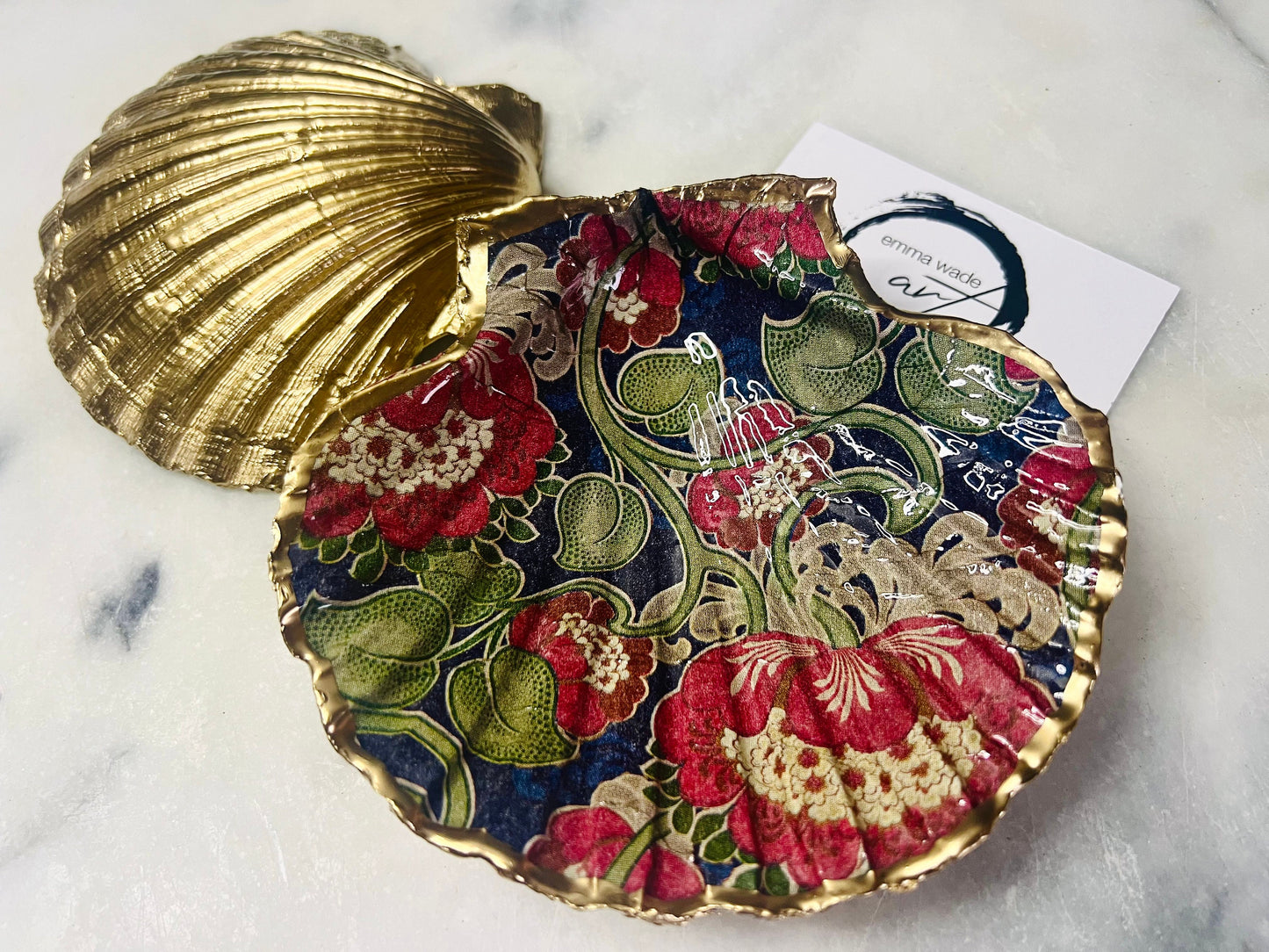 Gifts for her, Coastal gift, Spring gift, decoupaged Scallop shell, Ring holder, Shell scallop box, Retro Flower Ornament, Anniversary gift, Retro gift, retro decor, shell decor, Mothers Day gift, Coastal shell decor, https://emmawadeart.etsy.com/
