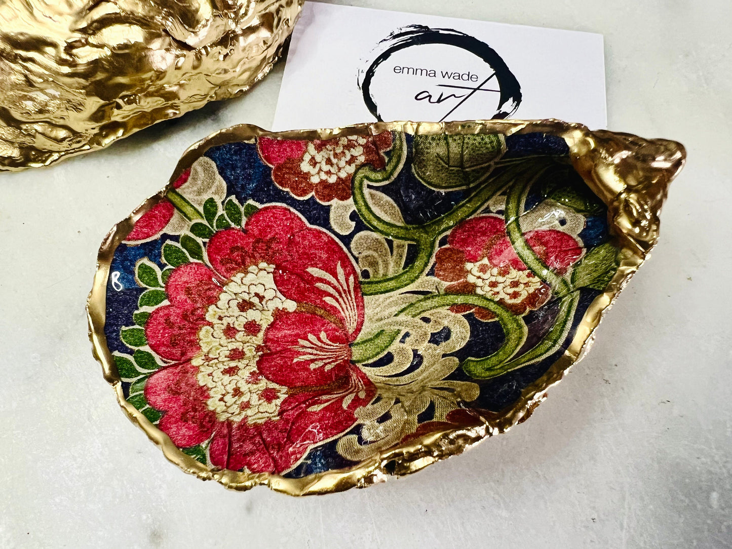 Retro Floral Dorset Oyster Trinket Dish | Gold Leaf Shell Jewellery Dish | V&A Inspired Coastal Décor | Handmade Oyster Shell Gift
