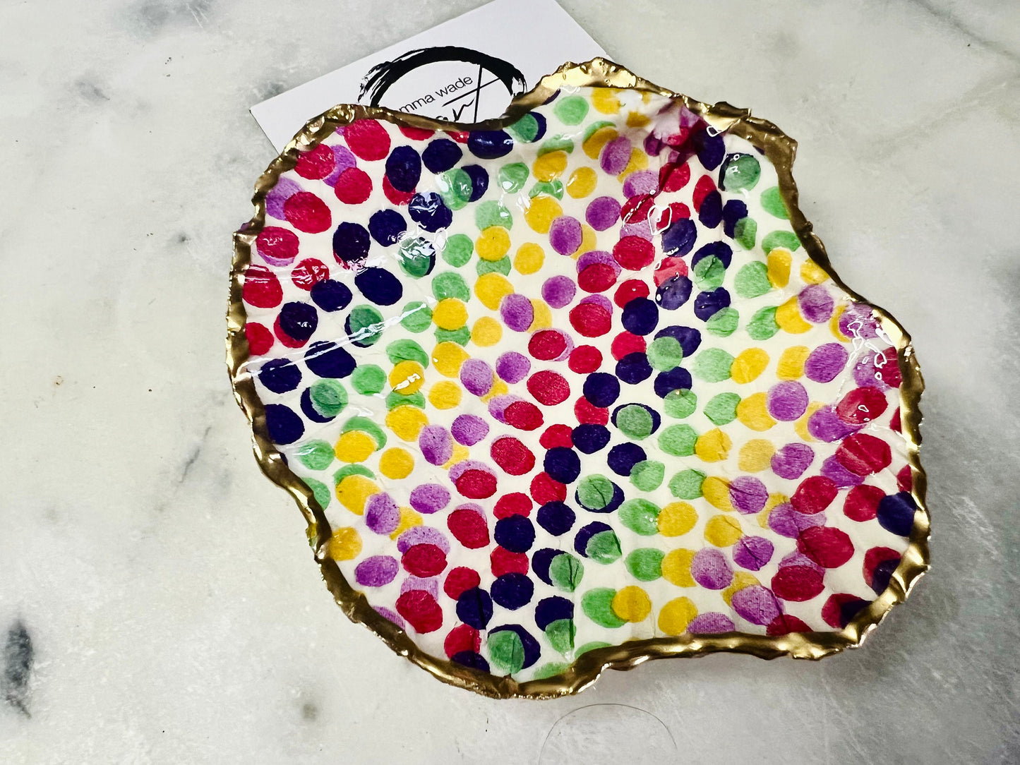 Rainbow Dots, Emma Bridgewater, Dorset Scallop Shell Trinket Dish. Gilded with Gold Leaf, Sealed with Resin. Coastal art. Host Gift.