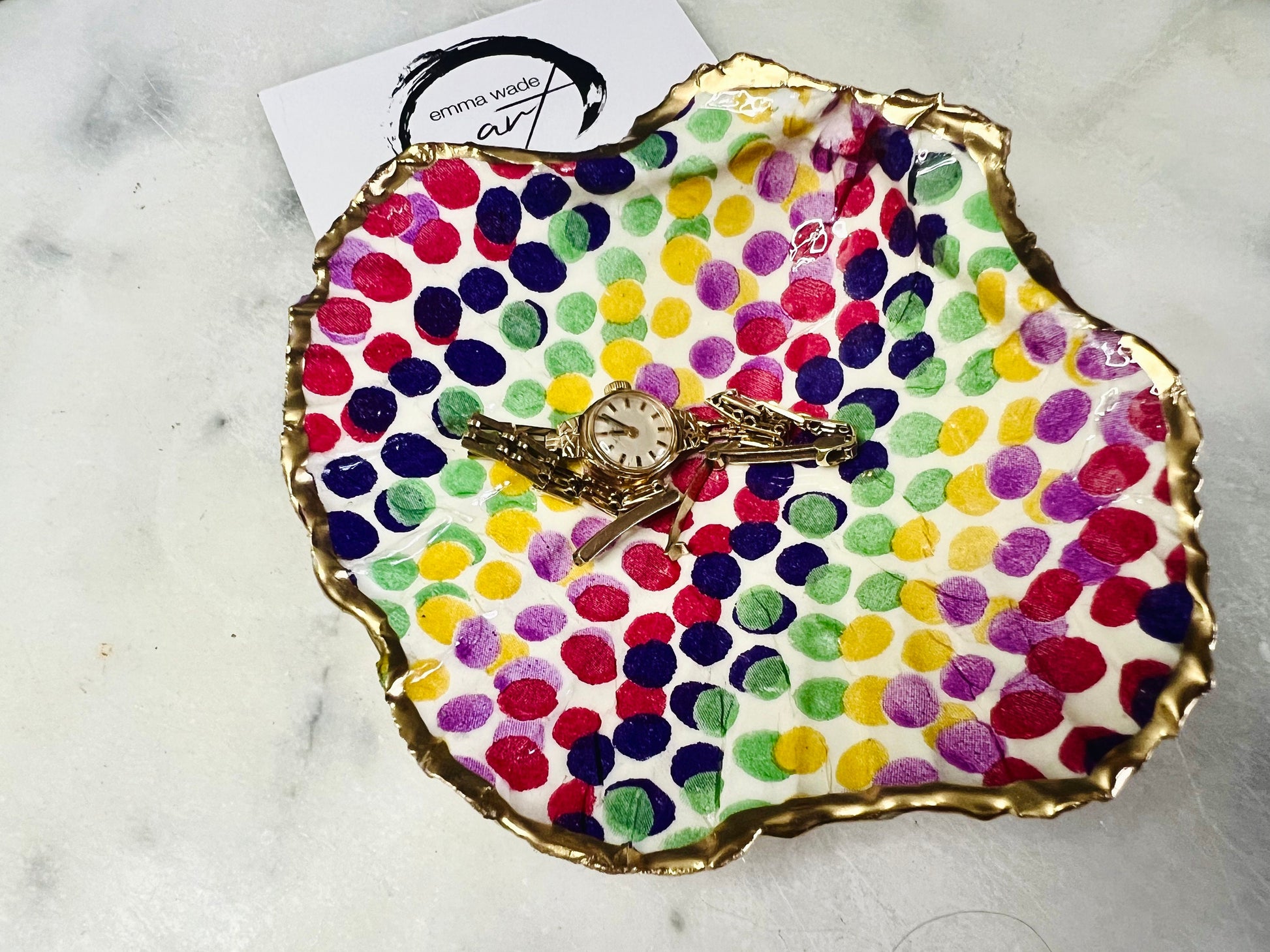 Rainbow Dots, Emma Bridgewater, Dorset Scallop Shell Trinket Dish. Gilded with Gold Leaf, Sealed with Resin. Coastal art. Host Gift.