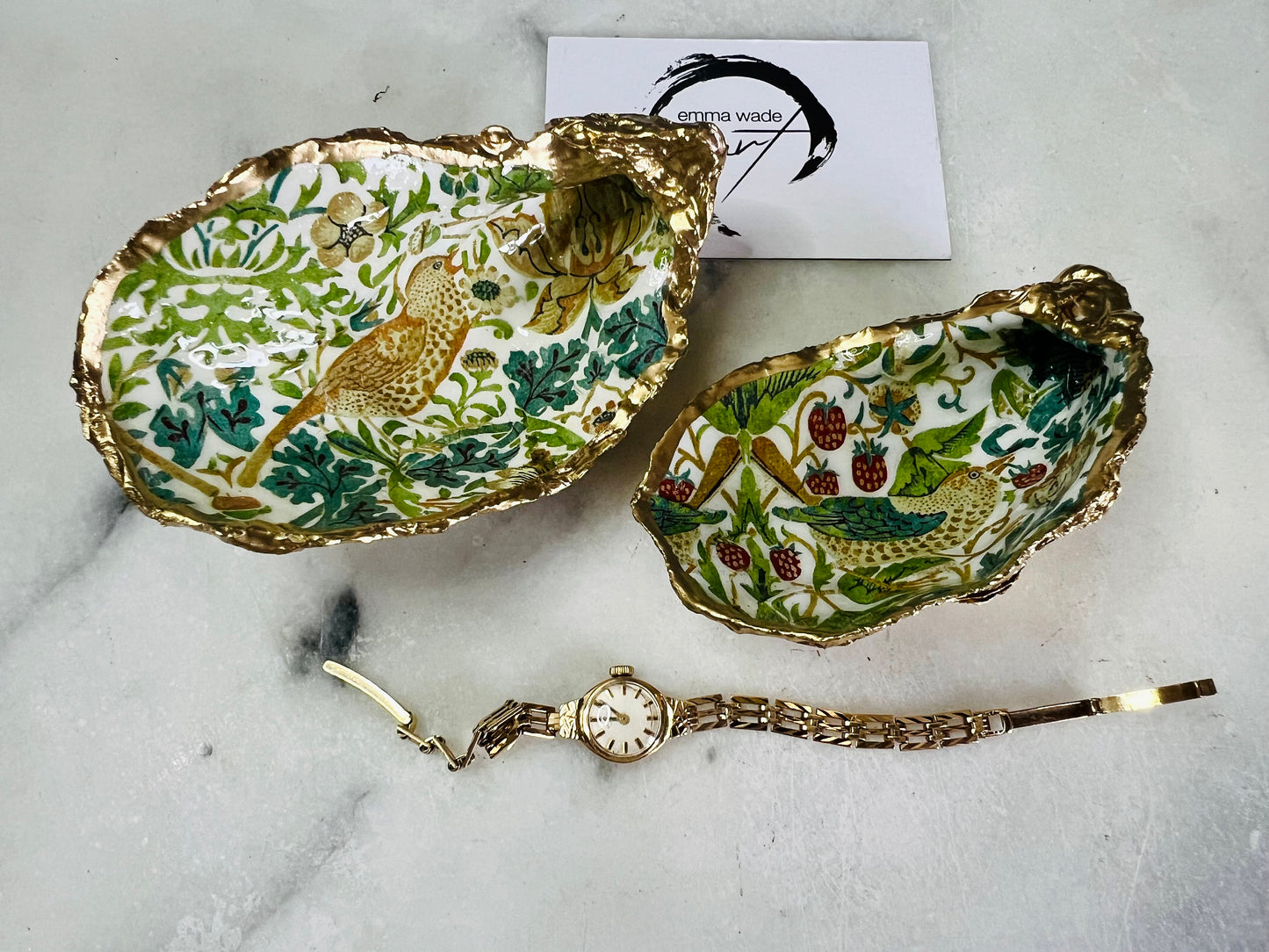 Gift for her, Gift for him, Spring gift, decoupaged oyster shell, oyster Ring holder, Shell oyster Jewellery dish, oyster Trinket dish, flower gift, Anniversary gift , Wedding gift, gift for Mum, Coastal decor, flower shell dish, EmmaWadeART, nature lover gift, Ring Holder William Morris,  Proposal Gift, stawberry thief William Morris, oyster Trinket Dish by Emma Wade ART, Coastal Triptych, UK shell ART, William Morris Ring tray, gold gilded trinket dish, ring bearer dish, strawberry ring dish