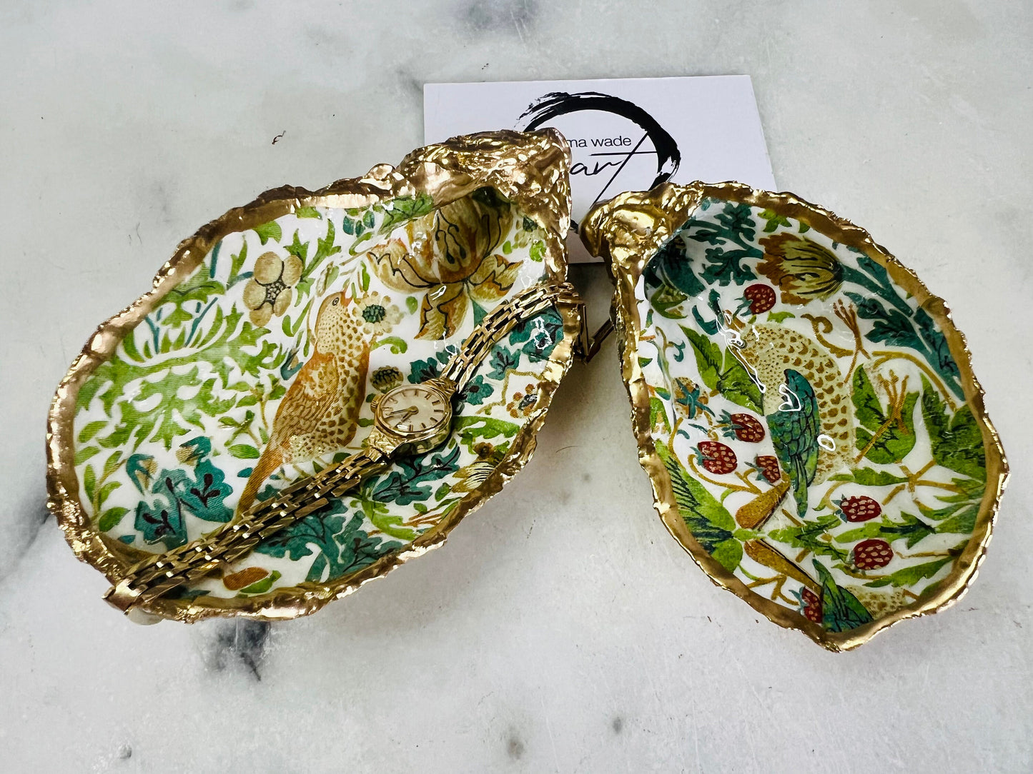 Gift for her, Gift for him, Spring gift, decoupaged oyster shell, oyster Ring holder, Shell oyster Jewellery dish, oyster Trinket dish, flower gift, Anniversary gift , Wedding gift, gift for Mum, Coastal decor, flower shell dish, EmmaWadeART, nature lover gift, Ring Holder William Morris,  Proposal Gift, stawberry thief William Morris, oyster Trinket Dish by Emma Wade ART, Coastal Triptych, UK shell ART, William Morris Ring tray, gold gilded trinket dish, ring bearer dish, strawberry ring dish