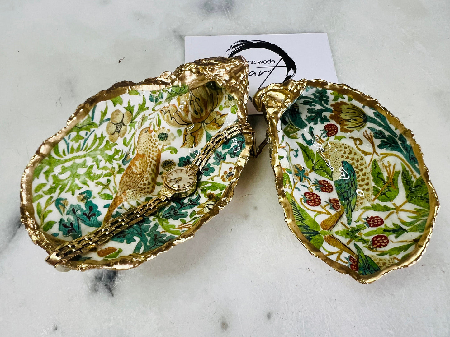 William Morris Strawberry Thief  Oyster Shell Ring Dish: Gold Leaf Trinket Tray, Heritage Decor, Bird Lover Gift