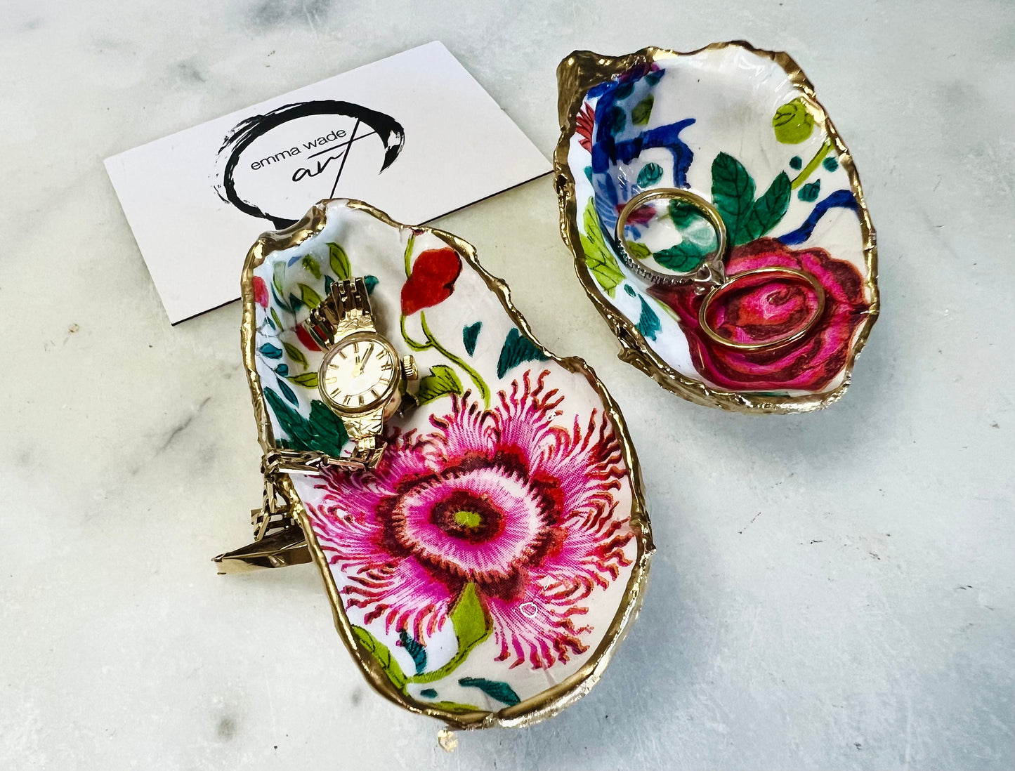 floral oyster shell dish, Dorset oyster shell jewellery holder, pink flowers oyster shell trinket dish, red flower coastal shell ornament, gold leaf gilded oyster shell decor, handmade coastal floral gift UK, eco friendly oyster shell art, oyster shell bathroom tray, oyster shell salt and pepper pinch pot, floral wedding favour oyster shell, pink floral oyster shell jewellery dish, sustainable oyster shell keepsake, unique handmade pink flowers oyster shell trinket bowl