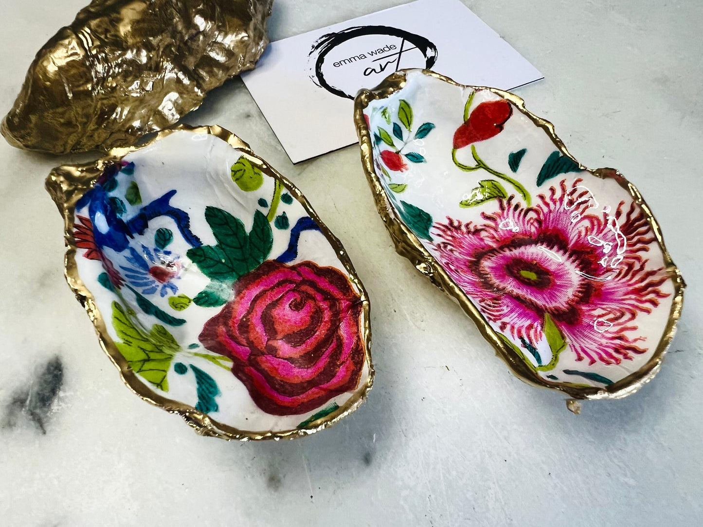 floral oyster shell dish, Dorset oyster shell jewellery holder, pink flowers oyster shell trinket dish, red flower coastal shell ornament, gold leaf gilded oyster shell decor, handmade coastal floral gift UK, eco friendly oyster shell art, oyster shell bathroom tray, oyster shell salt and pepper pinch pot, floral wedding favour oyster shell, pink floral oyster shell jewellery dish, sustainable oyster shell keepsake, unique handmade pink flowers oyster shell trinket bowl