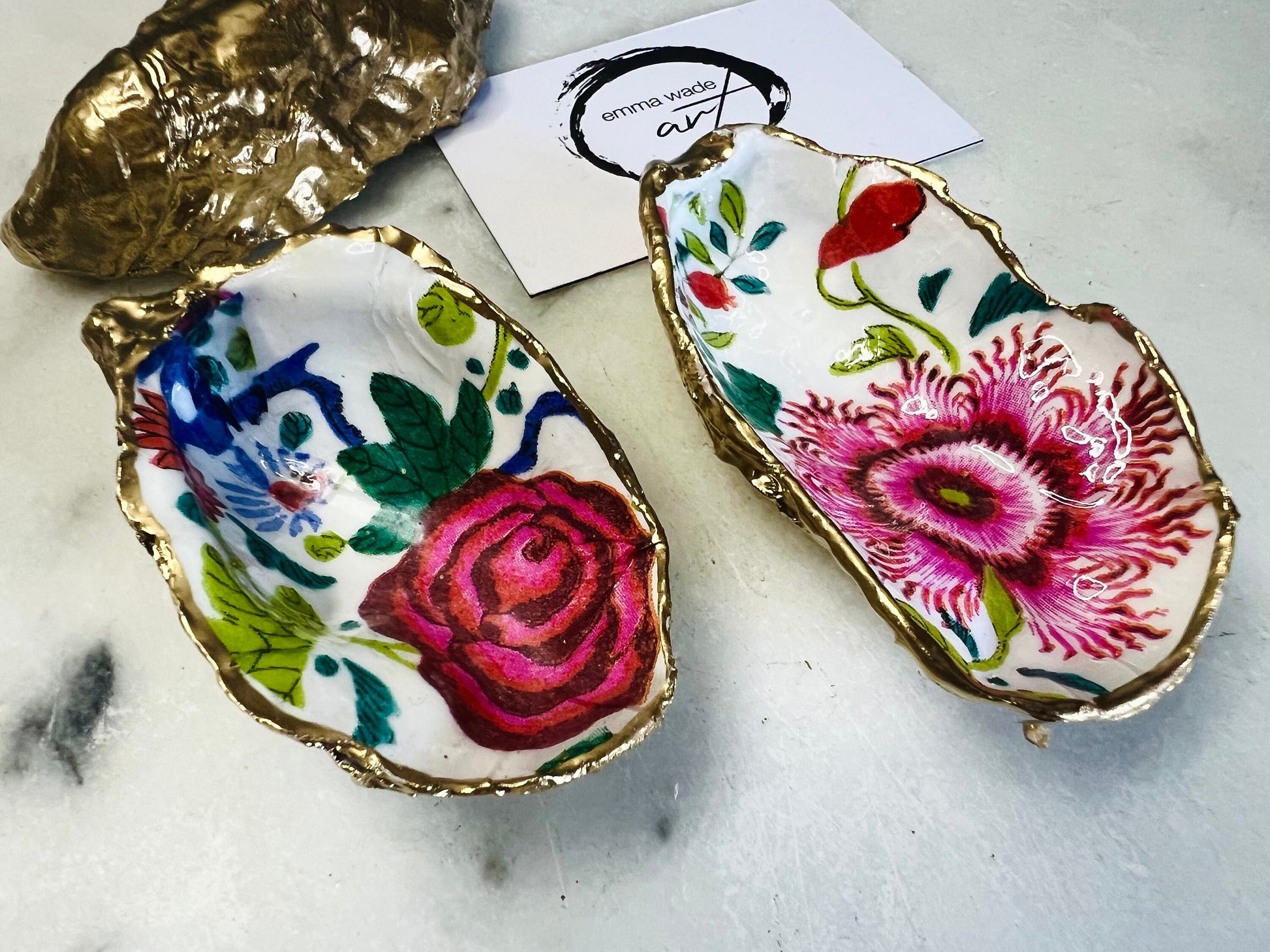 floral oyster shell dish, Dorset oyster shell jewellery holder, pink flowers oyster shell trinket dish, red flower coastal shell ornament, gold leaf gilded oyster shell decor, handmade coastal floral gift UK, eco friendly oyster shell art, oyster shell bathroom tray, oyster shell salt and pepper pinch pot, floral wedding favour oyster shell, pink floral oyster shell jewellery dish, sustainable oyster shell keepsake, unique handmade pink flowers oyster shell trinket bowl