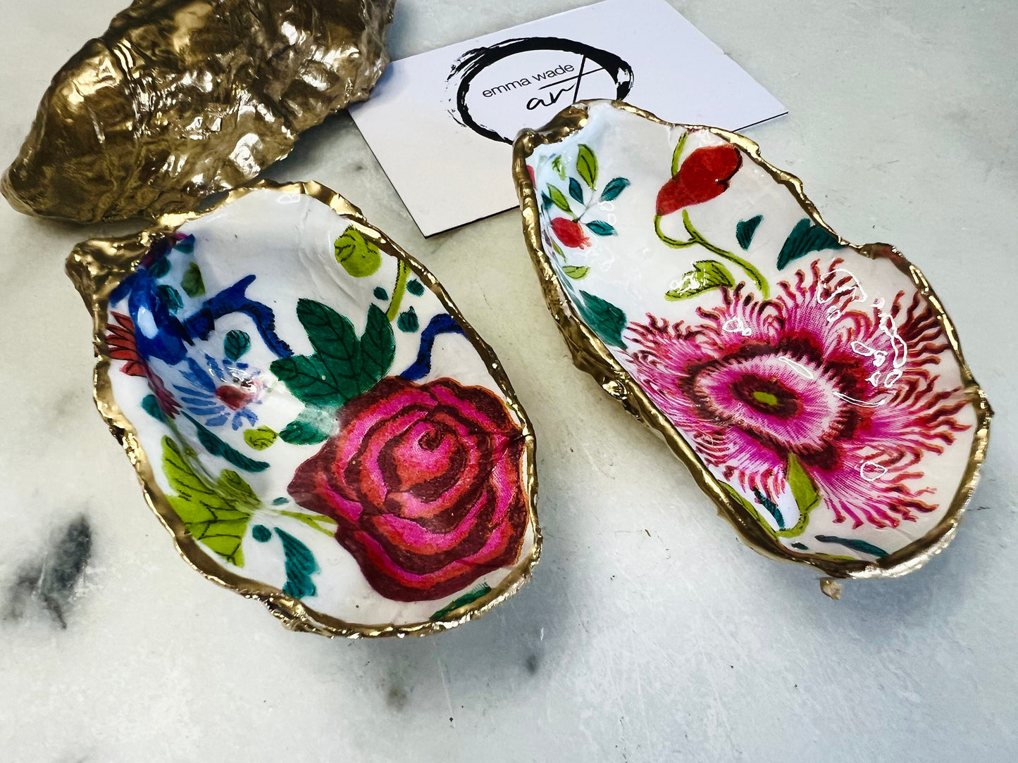 floral oyster shell dish, Dorset oyster shell jewellery holder, pink flowers oyster shell trinket dish, red flower coastal shell ornament, gold leaf gilded oyster shell decor, handmade coastal floral gift UK, eco friendly oyster shell art, oyster shell bathroom tray, oyster shell salt and pepper pinch pot, floral wedding favour oyster shell, pink floral oyster shell jewellery dish, sustainable oyster shell keepsake, unique handmade pink flowers oyster shell trinket bowl