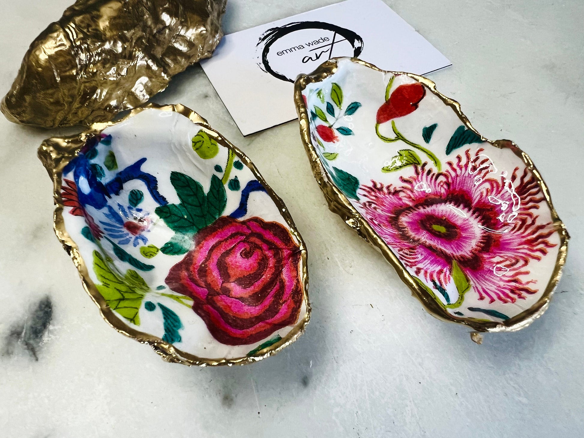 floral oyster shell dish, Dorset oyster shell jewellery holder, pink flowers oyster shell trinket dish, red flower coastal shell ornament, gold leaf gilded oyster shell decor, handmade coastal floral gift UK, eco friendly oyster shell art, oyster shell bathroom tray, oyster shell salt and pepper pinch pot, floral wedding favour oyster shell, pink floral oyster shell jewellery dish, sustainable oyster shell keepsake, unique handmade pink flowers oyster shell trinket bowl