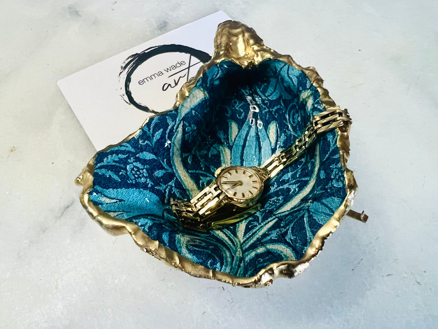 William Morris tulip bluebells and nettle oyster shell dish, Dorset oyster shell jewellery holder, gold leaf gilded floral trinket dish, handmade coastal oyster shell decor UK, William Morris floral oyster shell ornament, oyster shell salt and pepper pinch pot, oyster shell cufflink tray, William Morris inspired oyster shell gift, eco friendly oyster shell bathroom decor, handmade Dorset oyster shell art, unique floral oyster shell jewellery dish, sustainable William Morris shell keepsake