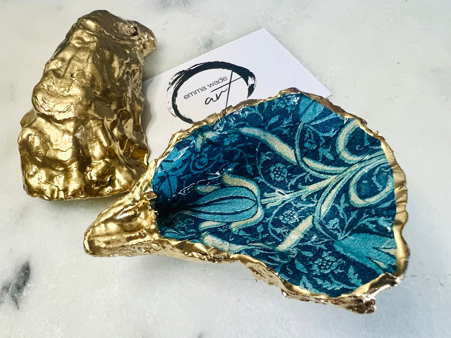 William Morris tulip bluebells and nettle oyster shell dish, Dorset oyster shell jewellery holder, gold leaf gilded floral trinket dish, handmade coastal oyster shell decor UK, William Morris floral oyster shell ornament, oyster shell salt and pepper pinch pot, oyster shell cufflink tray, William Morris inspired oyster shell gift, eco friendly oyster shell bathroom decor, handmade Dorset oyster shell art, unique floral oyster shell jewellery dish, sustainable William Morris shell keepsake