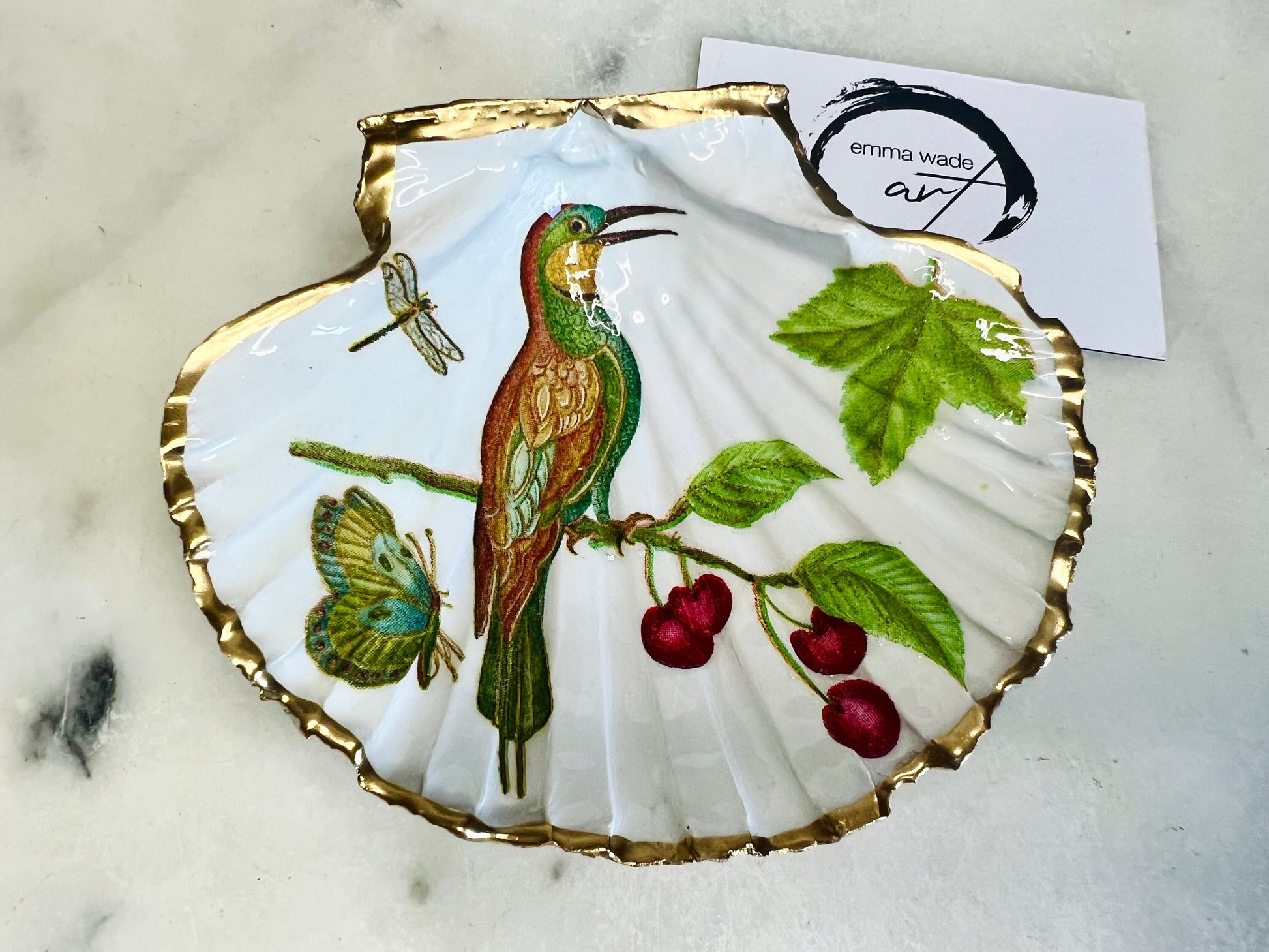 Hand Gilded Scallop Shell Trinket Dish: Jewelled Bird Ring Tray, Gold Leaf Jewellery Tray, Bird Lover Gift, 2 designs available