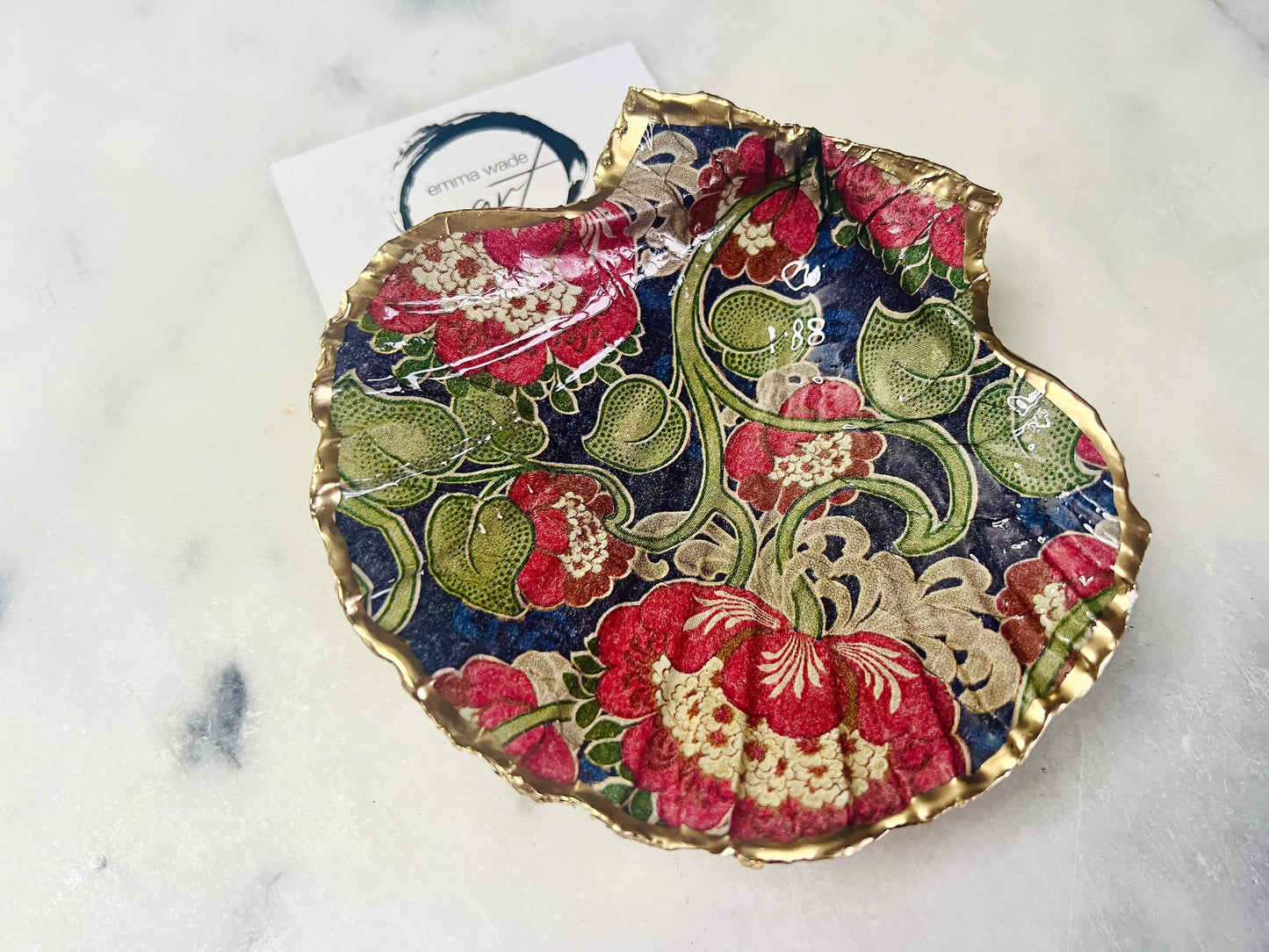 Gifts for her, Coastal gift, Spring gift, decoupaged Scallop shell, Ring holder, Shell scallop box, Retro Flower Ornament, Anniversary gift, Retro gift, retro decor, shell decor, Mothers Day gift, Coastal shell decor, https://emmawadeart.etsy.com/
