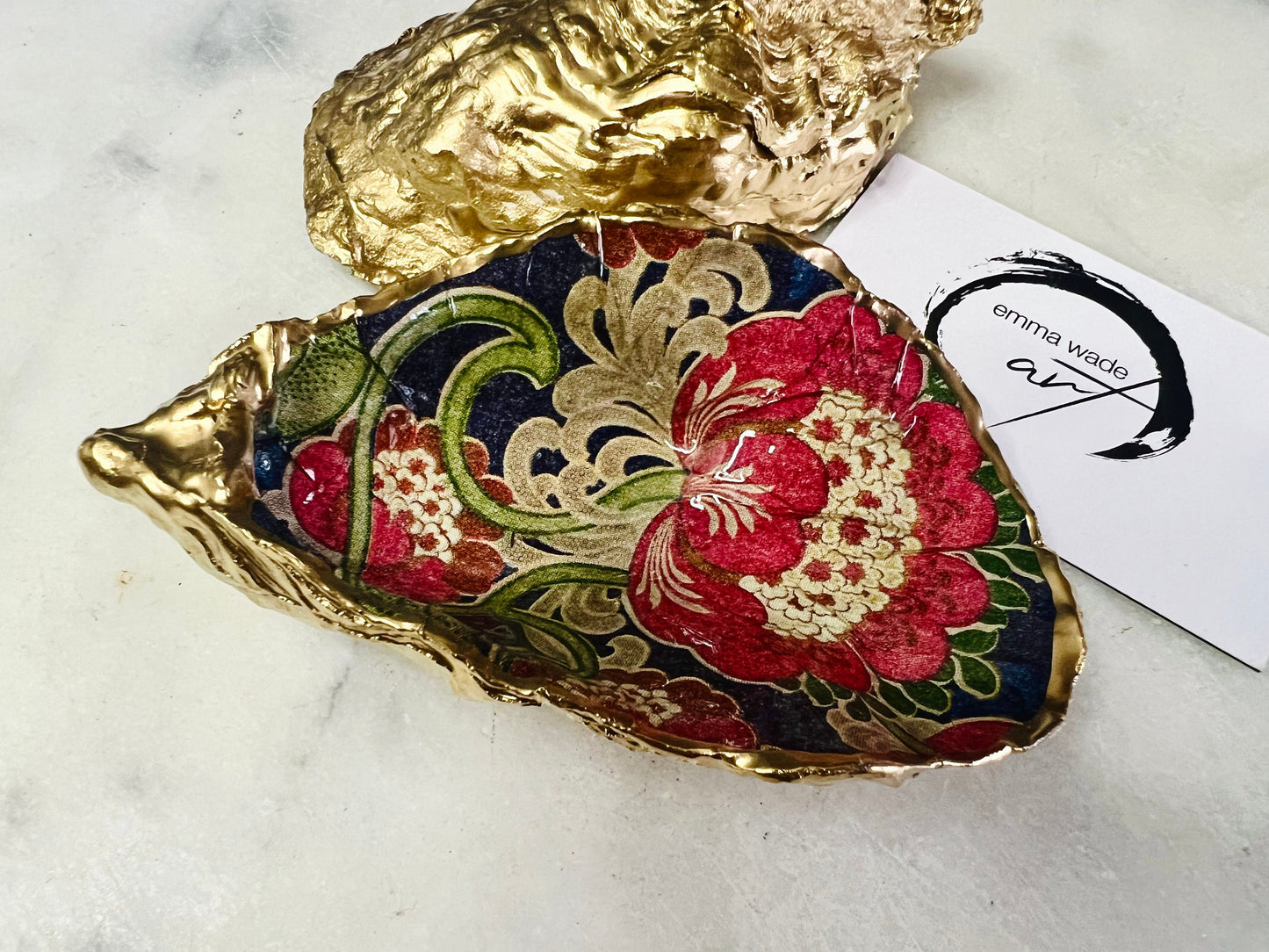 Retro Floral Dorset Oyster Trinket Dish | Gold Leaf Shell Jewellery Dish | V&A Inspired Coastal Décor | Handmade Oyster Shell Gift