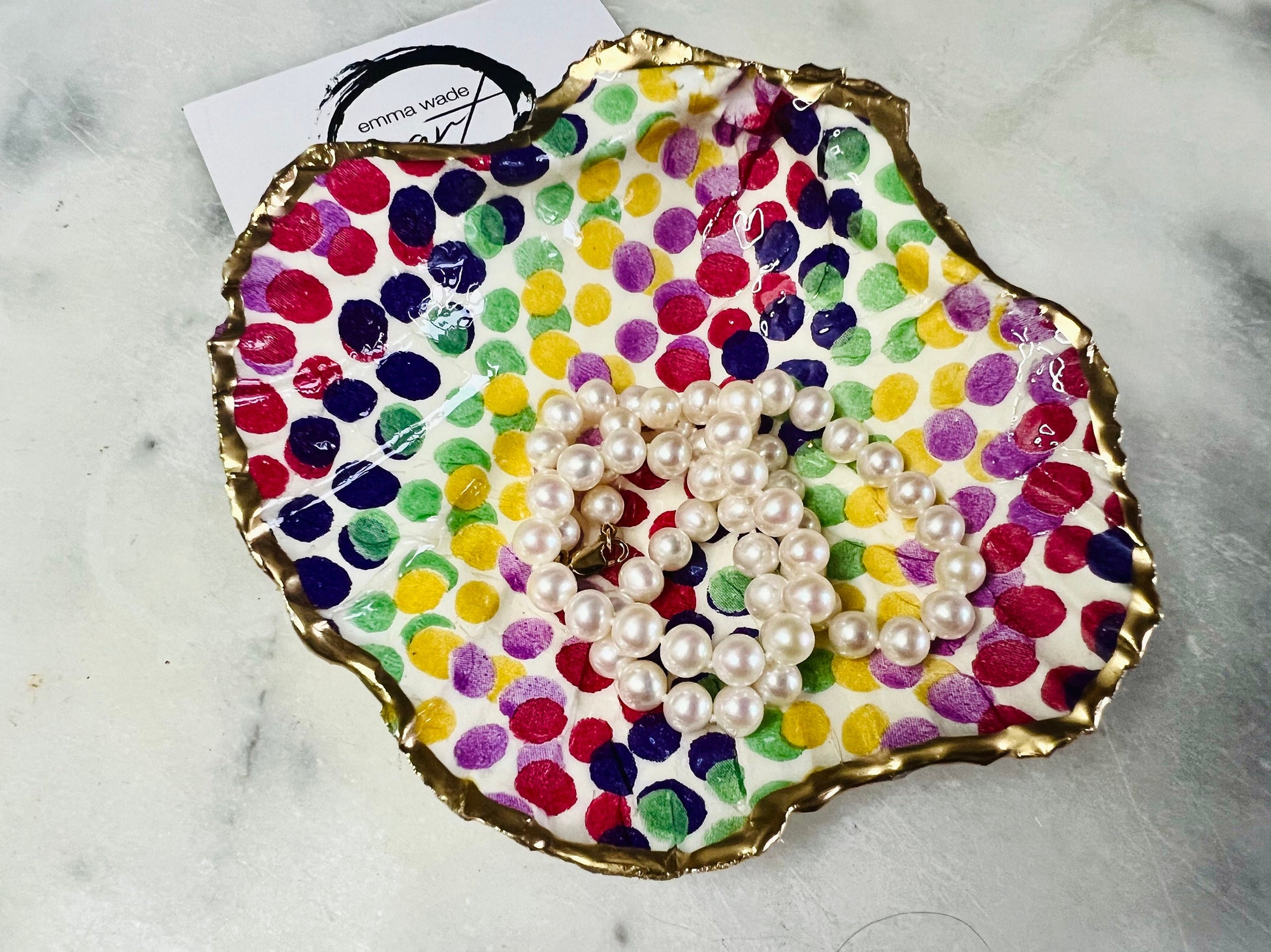 Rainbow Dots, Emma Bridgewater, Dorset Scallop Shell Trinket Dish. Gilded with Gold Leaf, Sealed with Resin. Coastal art. Host Gift.