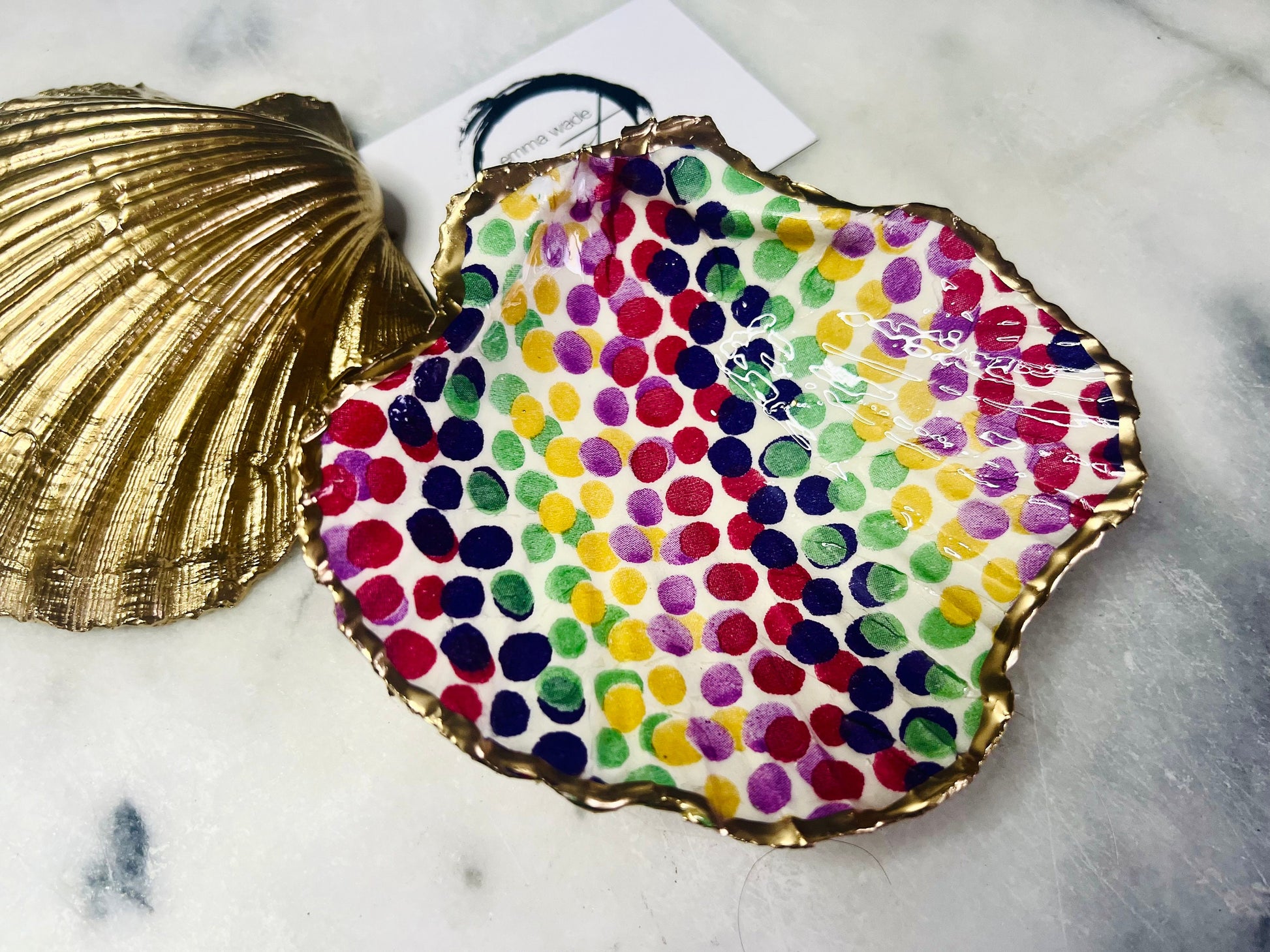 Rainbow Dots, Emma Bridgewater, Dorset Scallop Shell Trinket Dish. Gilded with Gold Leaf, Sealed with Resin. Coastal art. Host Gift.