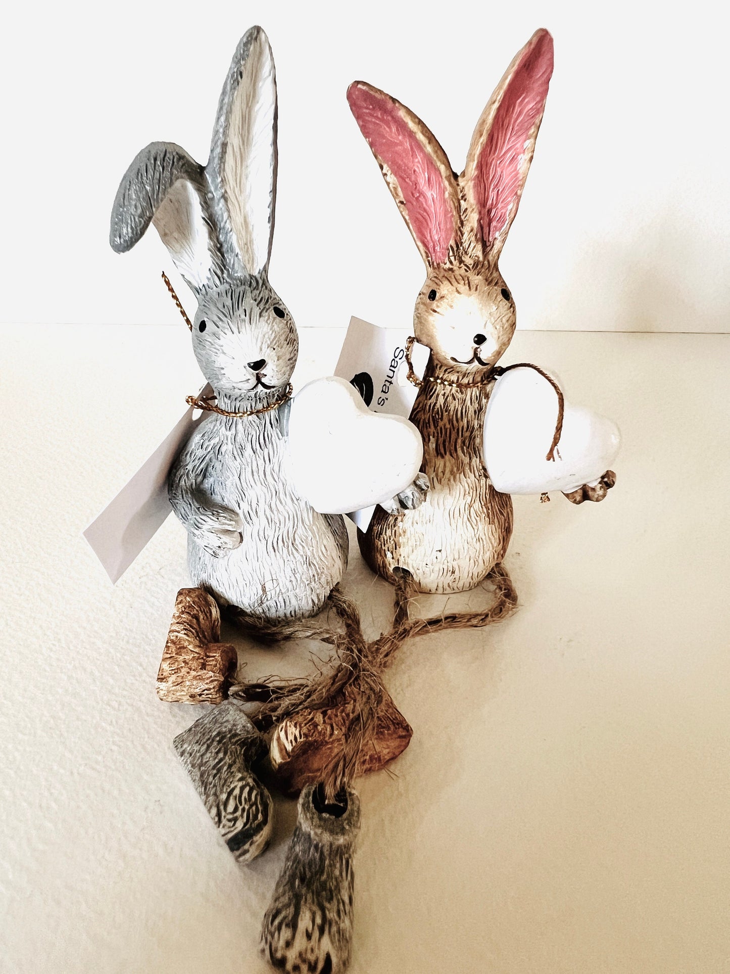 Hand Finished Bunny Shelf Sitter with White Heart: Rustic Rabbit Ornament, Spring Home Decor