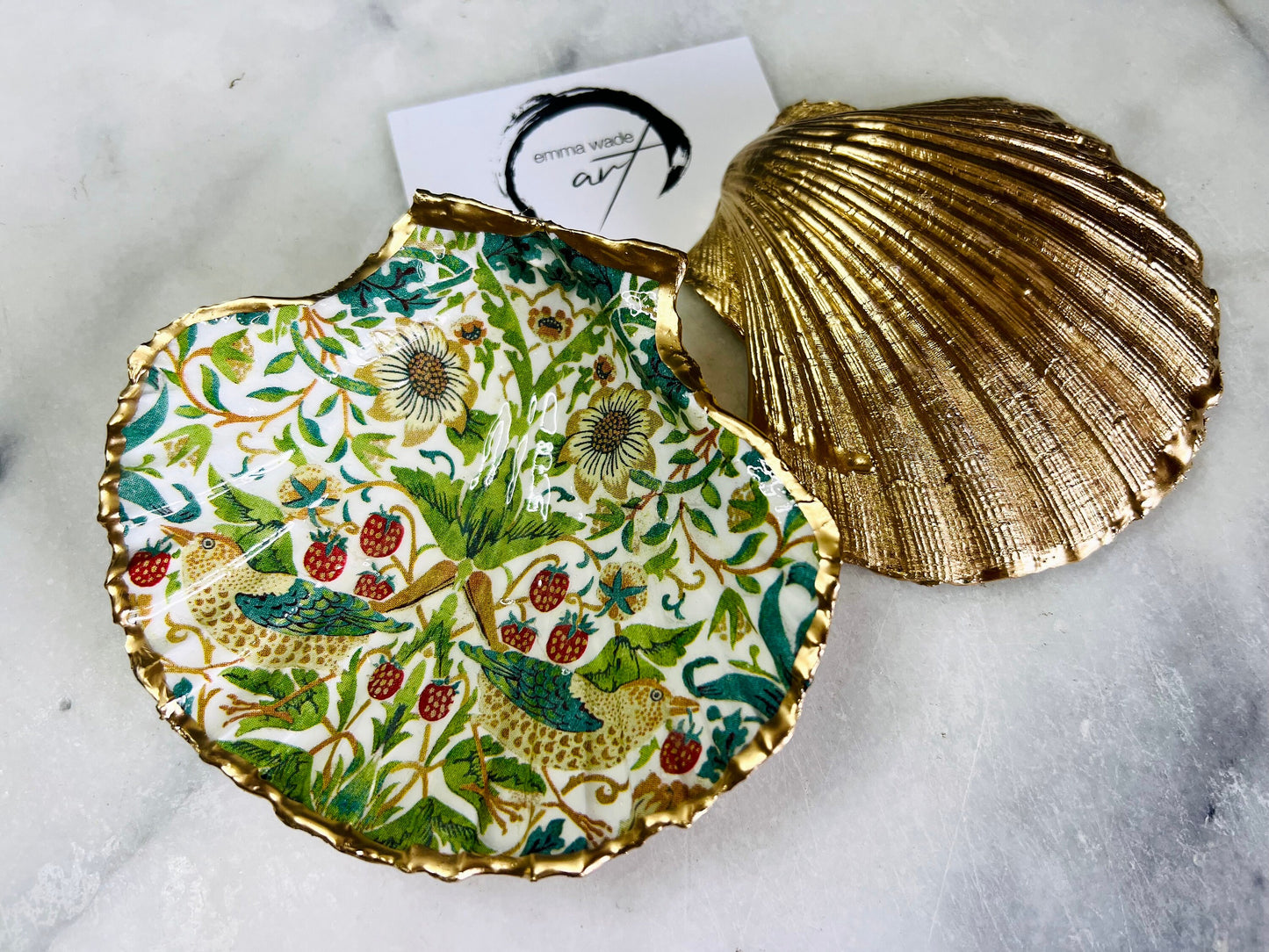 William Morris Green Strawberry Thief Scallop Trinket Dish: Shell Ring Tray, Heritage Gift, Floral Ring Holder