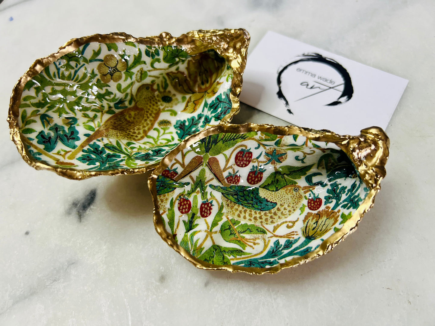 Gift for her, Gift for him, Spring gift, decoupaged oyster shell, oyster Ring holder, Shell oyster Jewellery dish, oyster Trinket dish, flower gift, Anniversary gift , Wedding gift, gift for Mum, Coastal decor, flower shell dish, EmmaWadeART, nature lover gift, Ring Holder William Morris,  Proposal Gift, stawberry thief William Morris, oyster Trinket Dish by Emma Wade ART, Coastal Triptych, UK shell ART, William Morris Ring tray, gold gilded trinket dish, ring bearer dish, strawberry ring dish
