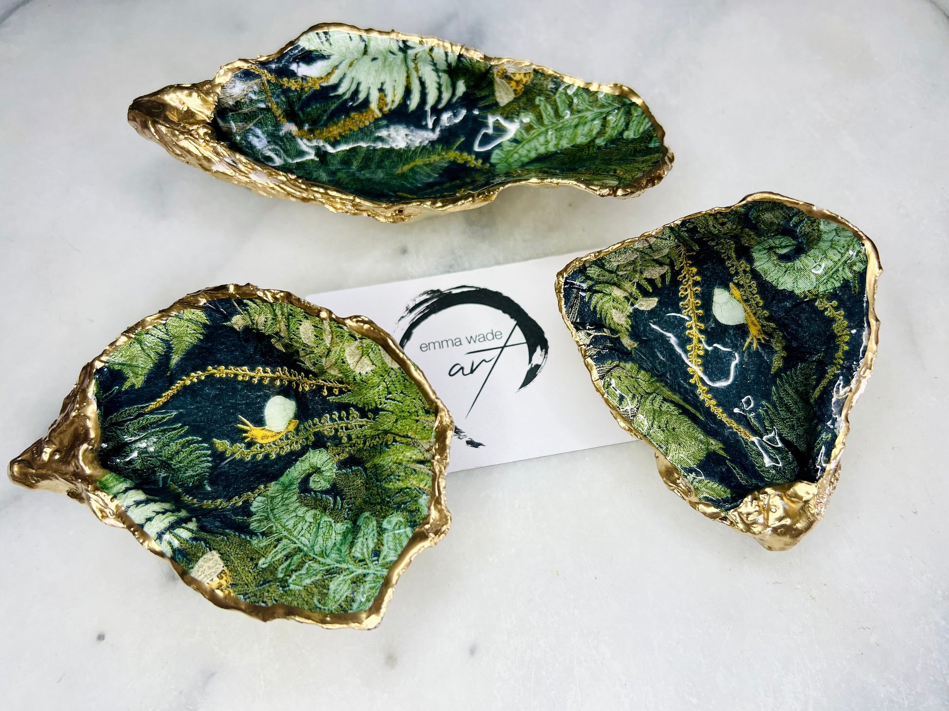 forest fern oyster shell dish, Dorset oyster trinket dish, botanical jewellery holder, gold leaf oyster shell gift, nature lover gift, coastal home decor, oyster shell jewellery tray, hand gilded shell ornament, eco friendly shell dish, green fern oyster ring holder, woodland inspired oyster shell, botanical oyster decor, handmade UK oyster shell dish, fern oyster shell keepsake, unique coastal gift