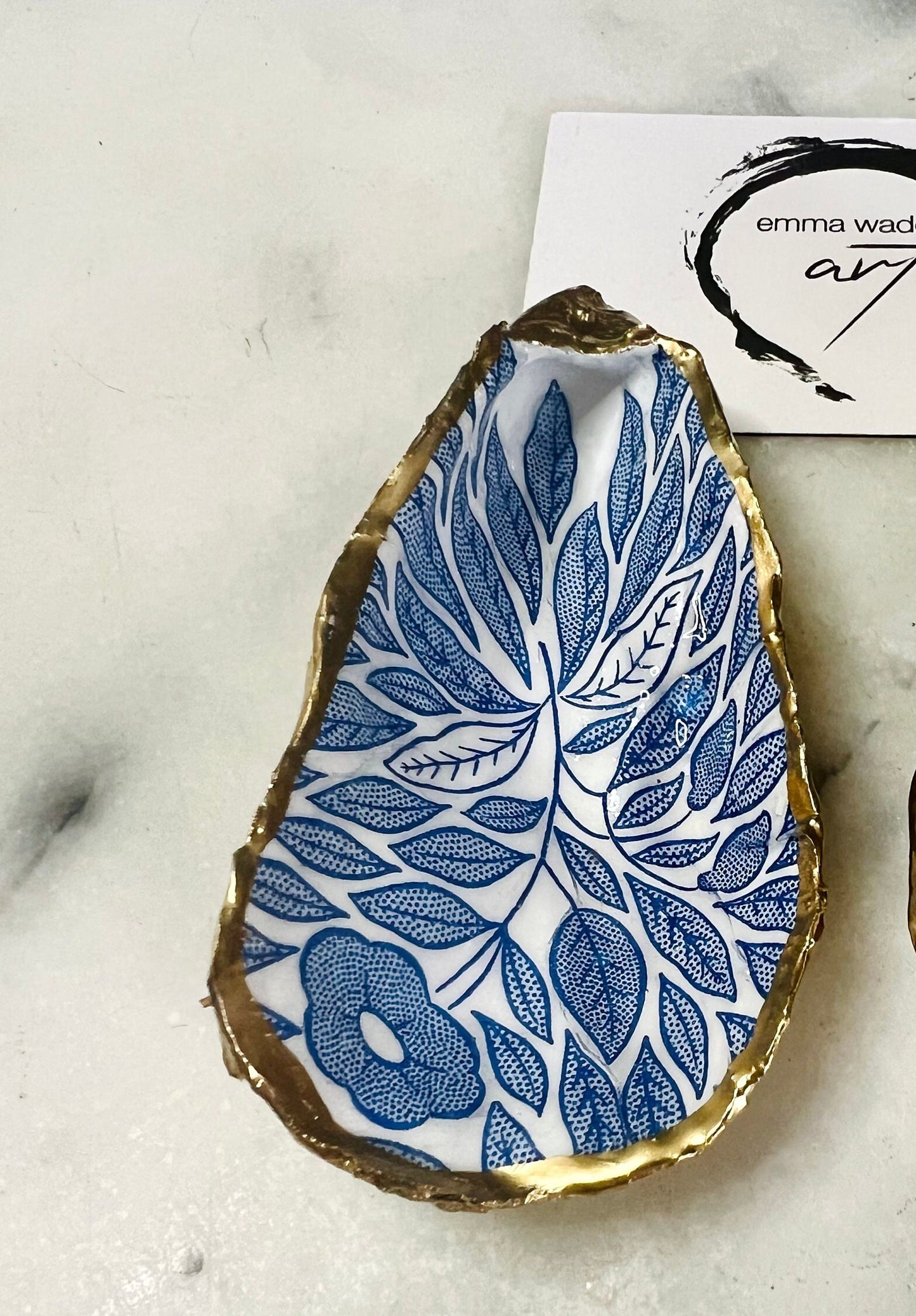 Handcrafted Leaves Oyster Shell Trinket Dish: Blue Floral Gilded Jewelry Holder | Uk Coastal Gift