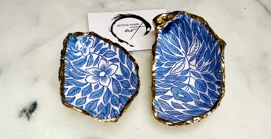 Handcrafted Leaves Oyster Shell Trinket Dish: Blue Floral Gilded Jewelry Holder | Uk Coastal Gift