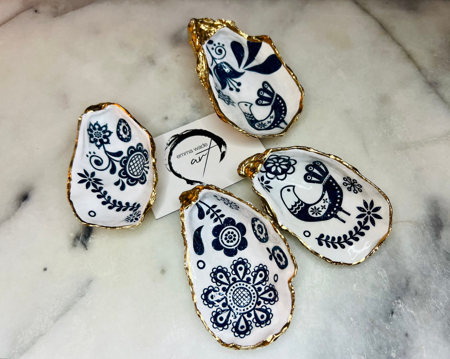 Marimekko Floral Oyster Trinket Dish | Gold Leaf Shell Ring Tray | Blue & White Coastal Jewellery Holder | Scandinavian Inspired Gift