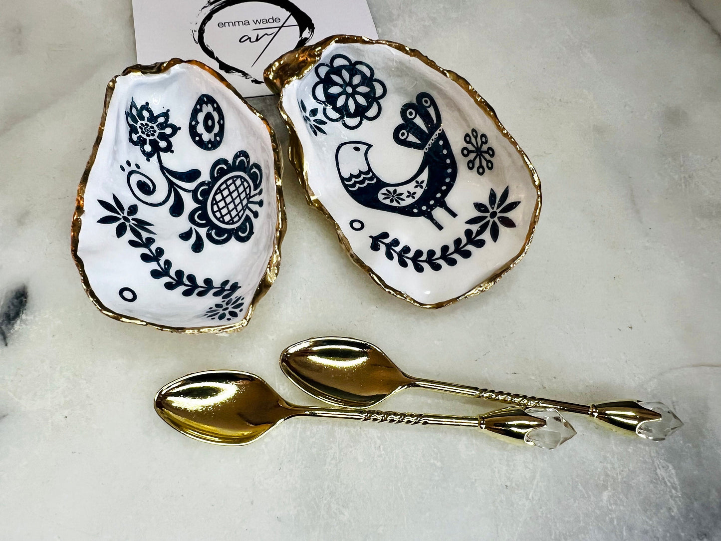 Marimekko Oyster Shell Salt & Pepper Pinch Pots: Gold Leaf Accent, Crystal Spoons