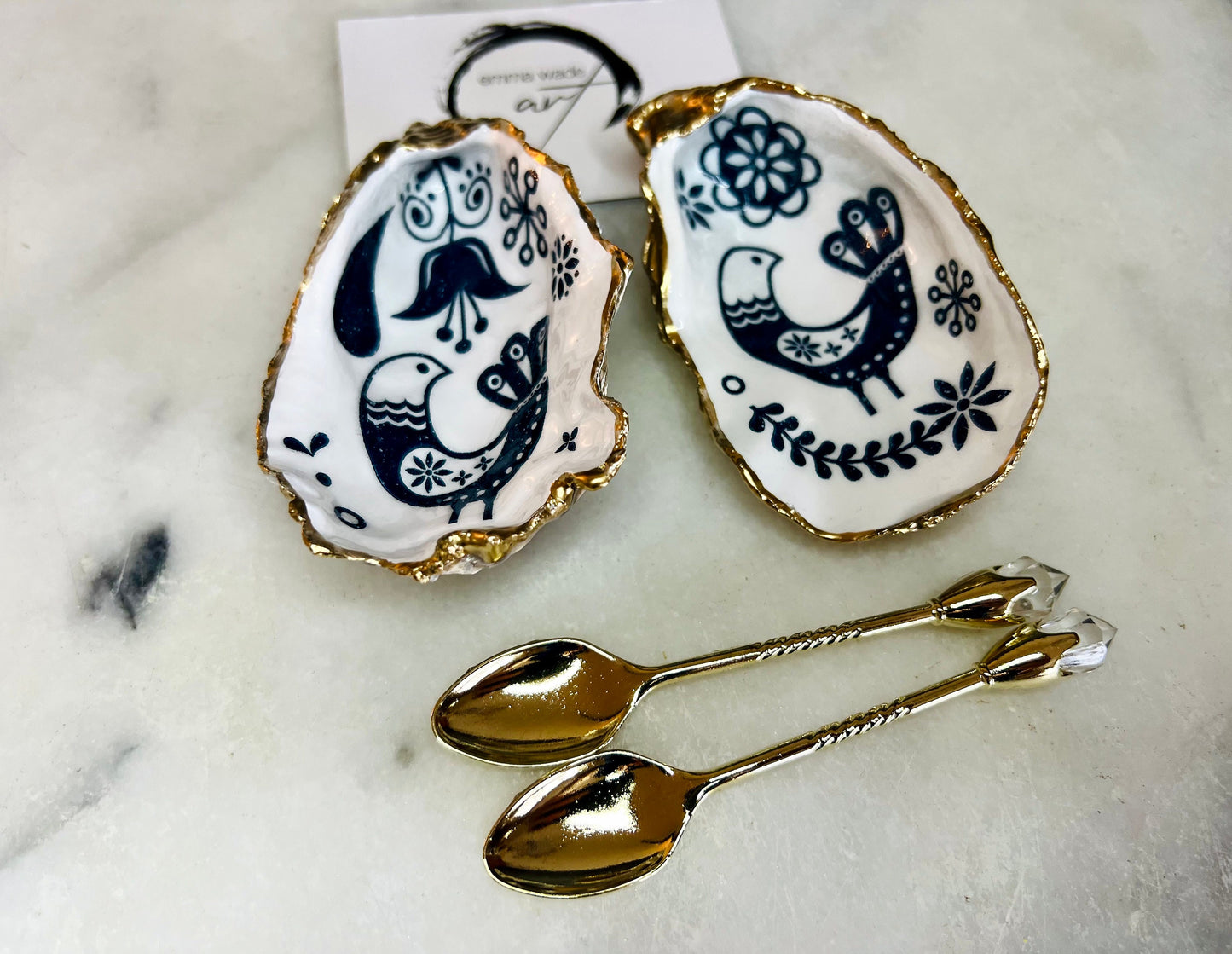 Marimekko Oyster Shell Salt & Pepper Pinch Pots: Gold Leaf Accent, Crystal Spoons